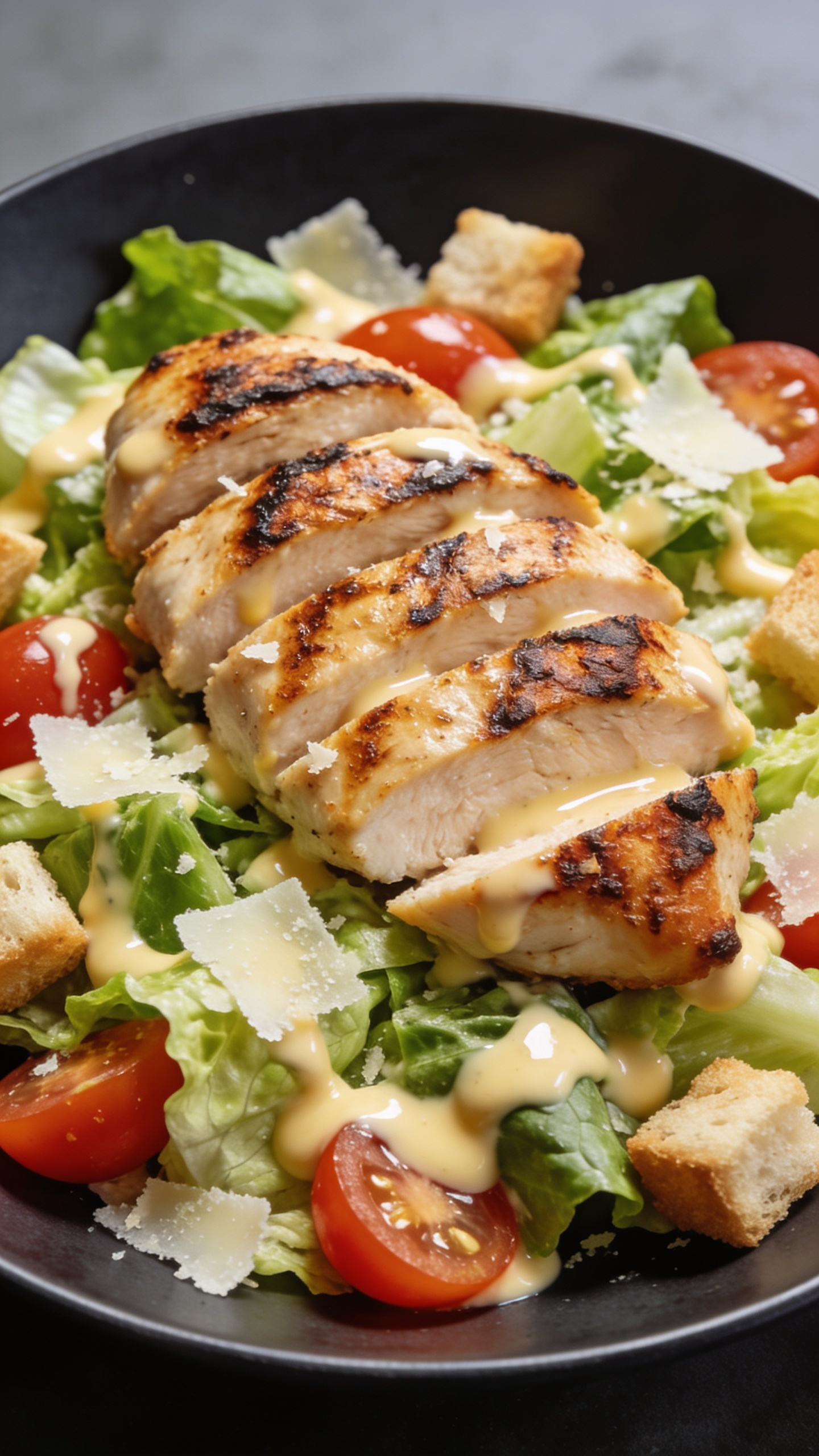 A stunning hero close-up of the finished High Protein Grilled Chicken Caesar Salad plated on a dark, matte plate. The grilled chicken sits atop chopped romaine with cherry tomato halves, Parmesan shavings, and croutons, all coated in glossy Caesar dressing. Rich textures: seared chicken with crisp edges, creamy dressing clinging to greens, parmesan flakes catching light. Bright natural lighting, shallow depth of field, no hands visible, the plate filling 90â95% of the frame.