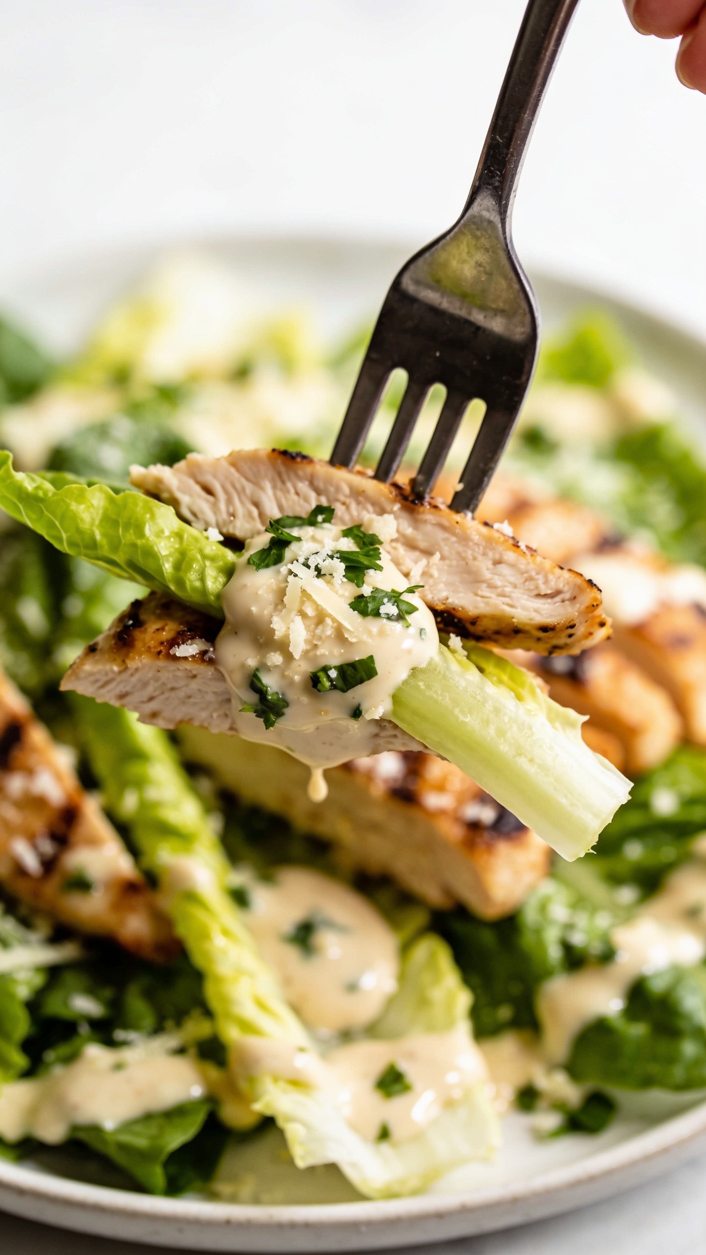 A dynamic, mouthwatering action shot showing a fork lifting the perfect bite from the finished dish, just before it reaches the mouth. The fork tips cradle a piece of tender grilled chicken, a strand of romaine, a dollop of creamy dressing, and a sprinkle of chopped parsley and parmesan. The moment feels frozen in time, glossy dressing glistening, plate slightly blurred, natural light, food filling 90â95% of the frame, no hands or faces visible.