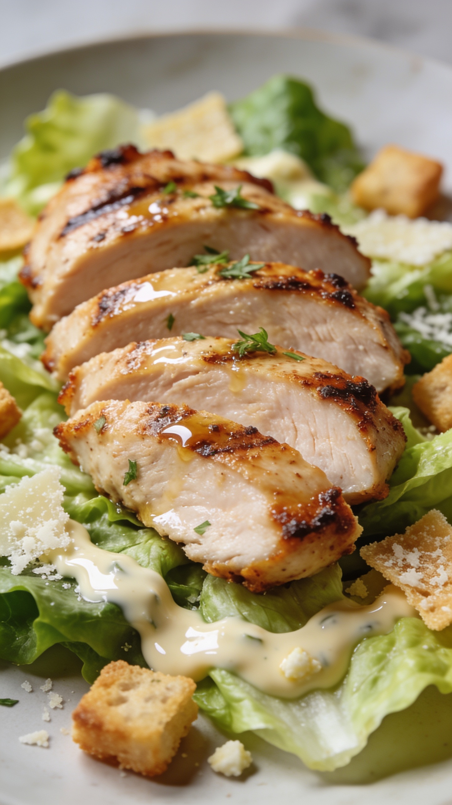 A ultra-close-up, premium food-shot from a slightly lower angle focusing on the textures and colors: a juicy, sliced grilled chicken breast perched on crisp lettuce, parmesan crisp-like croutons, and a glistening smear of Caesar dressing. Emphasize juicy textures, glossy sauce, crispy edges, fresh herbs, and vibrant colors. Bright natural lighting, shallow depth of field, food dominating the frame, no utensils or people visible.