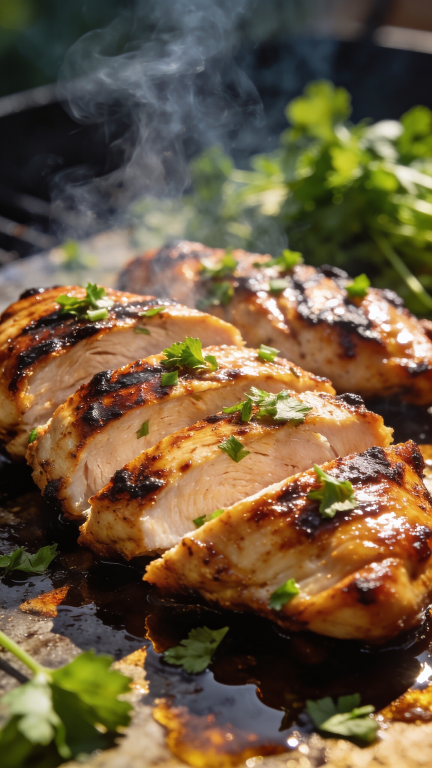 A stunning hero image of the finished high-protein BBQ grilled chicken plated beautifully on a glossy surface, with charred, juicy chicken breasts sliced to reveal moist interior, a smoky glaze glistening in the light, fresh chopped parsley scattered as garnish, vibrant greens and a subtle smoky background; no hands or people; natural outdoor sunlight; 16:9 composition.