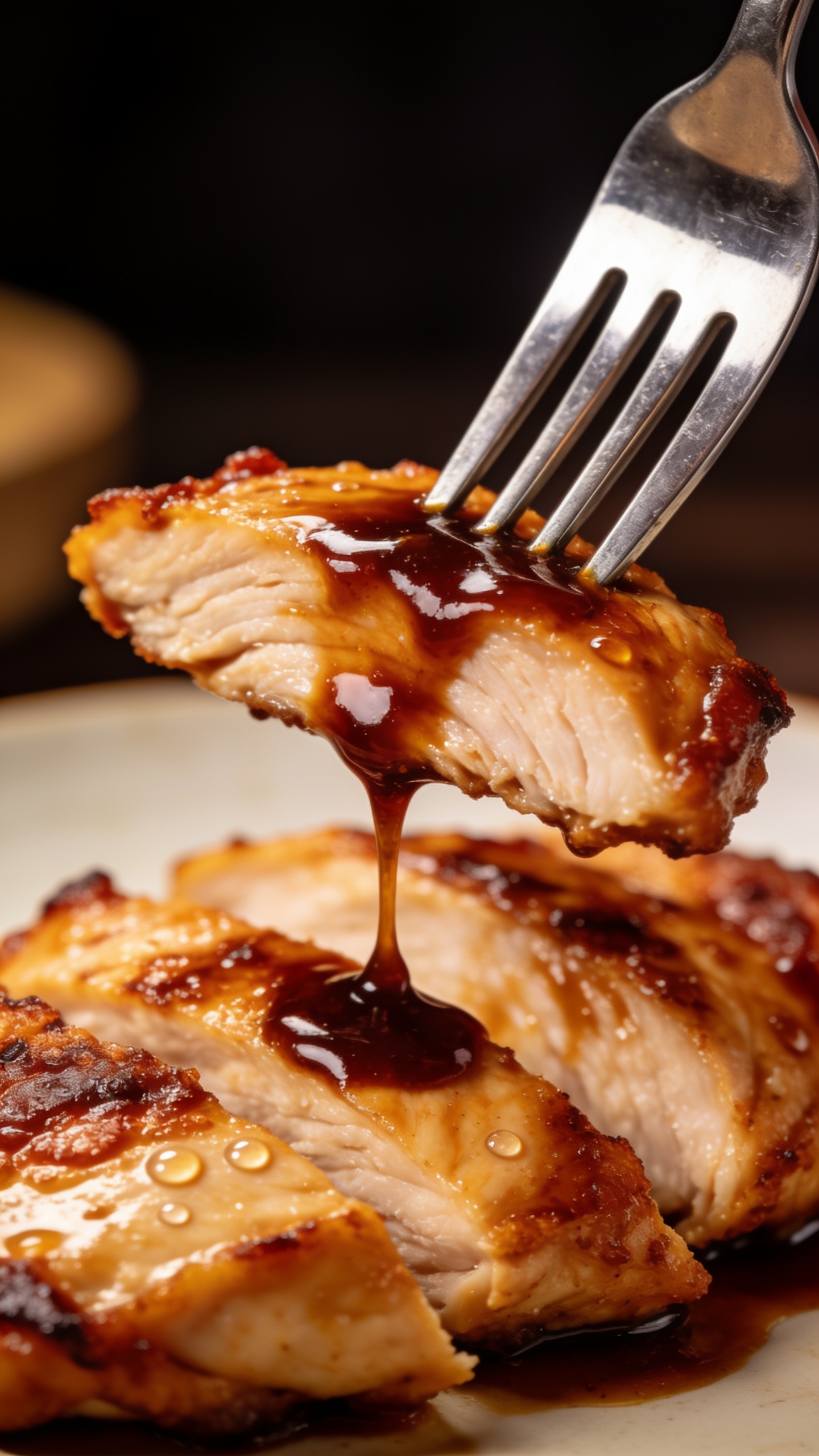 A close-up, extremely tight shot capturing the moment just before a fork lifts the perfect bite of the finished chicken, a gleaming fork approaching a succulent slice with luscious BBQ sauce dripping slowly, the surface of the chicken showing crispy edges and moisture droplets, shallow depth of field, vibrant color, rich textures; no hands, 1-second-before-mouth moment; natural lighting.