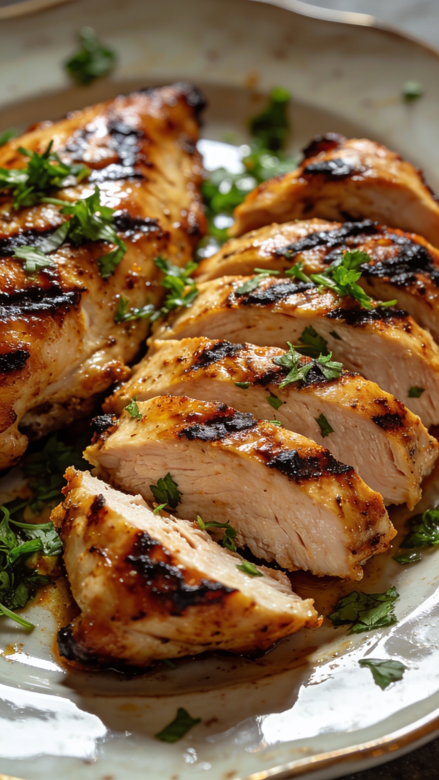 A stunning hero close-up of the finished high-protein marinated grilled chicken plated on a glossy plate, with the chicken sliced to reveal juicy interior and charred grill marks, vibrant herbs sprinkled on top, bright natural light, shallow depth of field, the plate occupying most of the frame, no text, food photograph style suitable for a premium food blog.