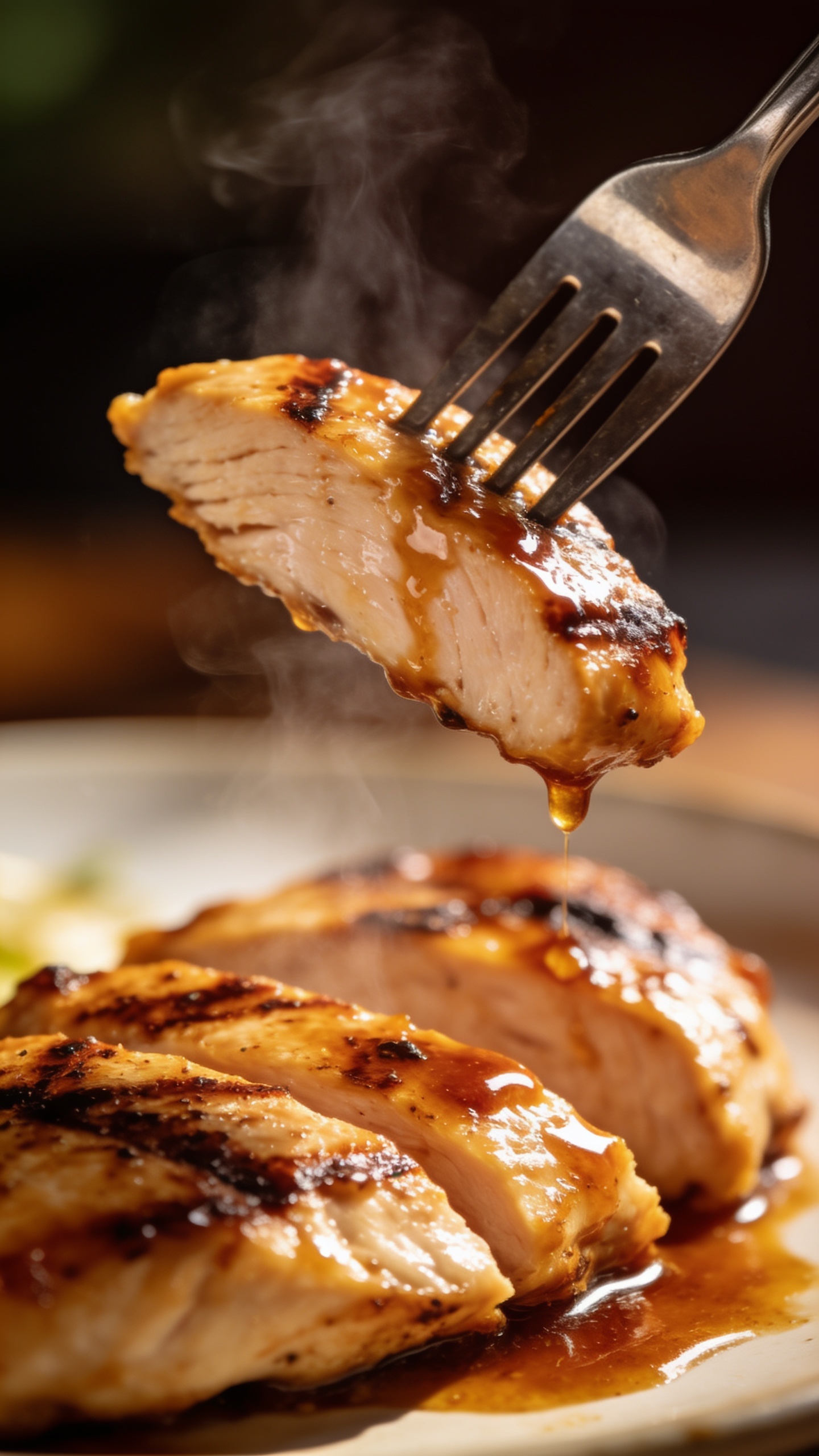 A close-up action moment just before the bite: a fork lifting a perfectly grilled chicken breast slice with glossy marinade glaze dripping slightly, steam wisps rising, ultra-tight focus on the juicy texture and sauce, plate blurred in the background, natural sunlight, rich colors, 90-95% food coverage, no hands or faces.