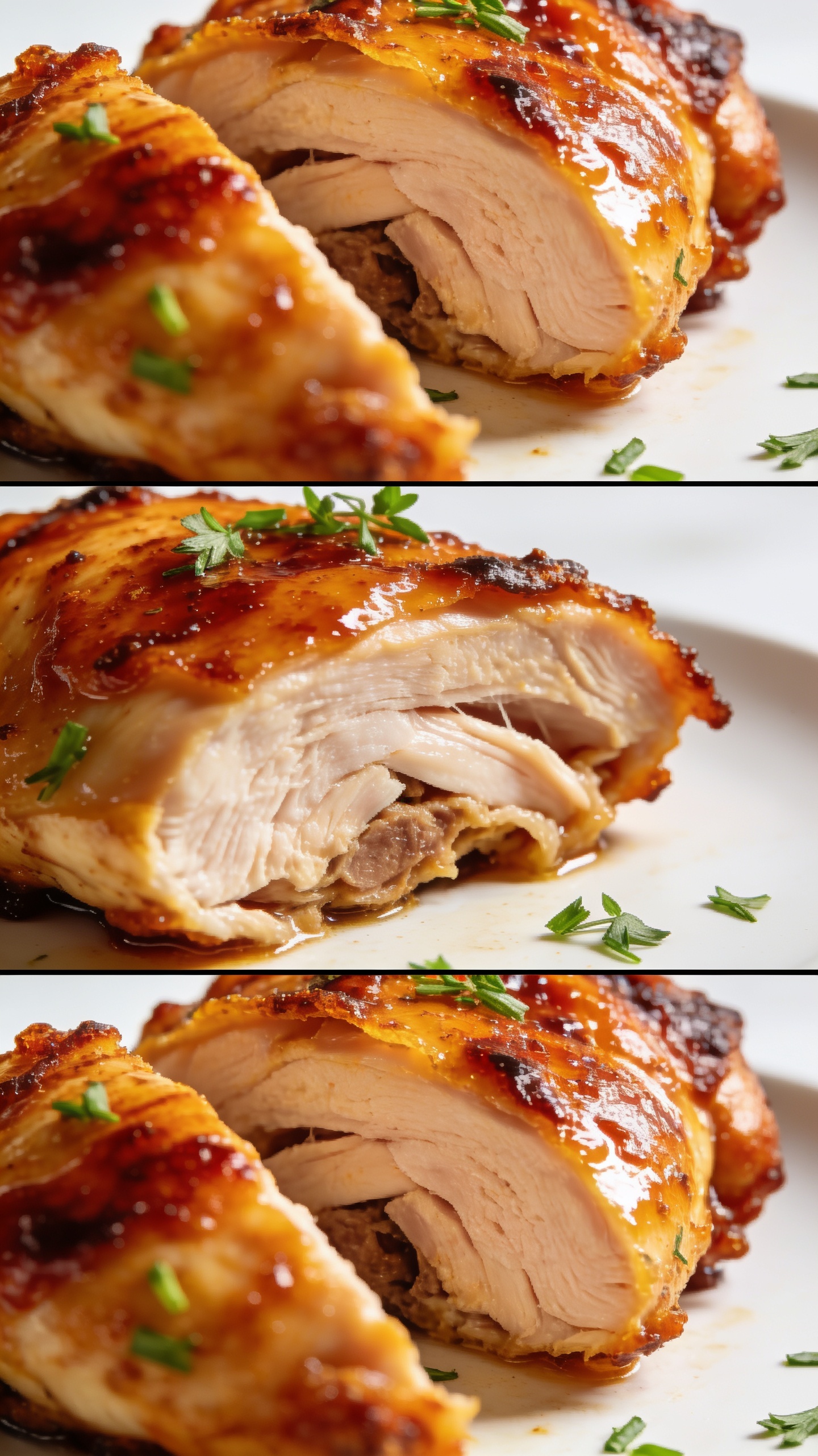 A trio-shot macro close-up from a slightly angled side view of the finished chicken: juicy interior visible at the cut, glossy marinade coating, crispy edges, fresh herbs subtly drifting onto the surface, vivid color contrast, bright natural light, shallow depth of field, filmic, premium food-blog styling, empty surrounding area to emphasize the dish with no text.