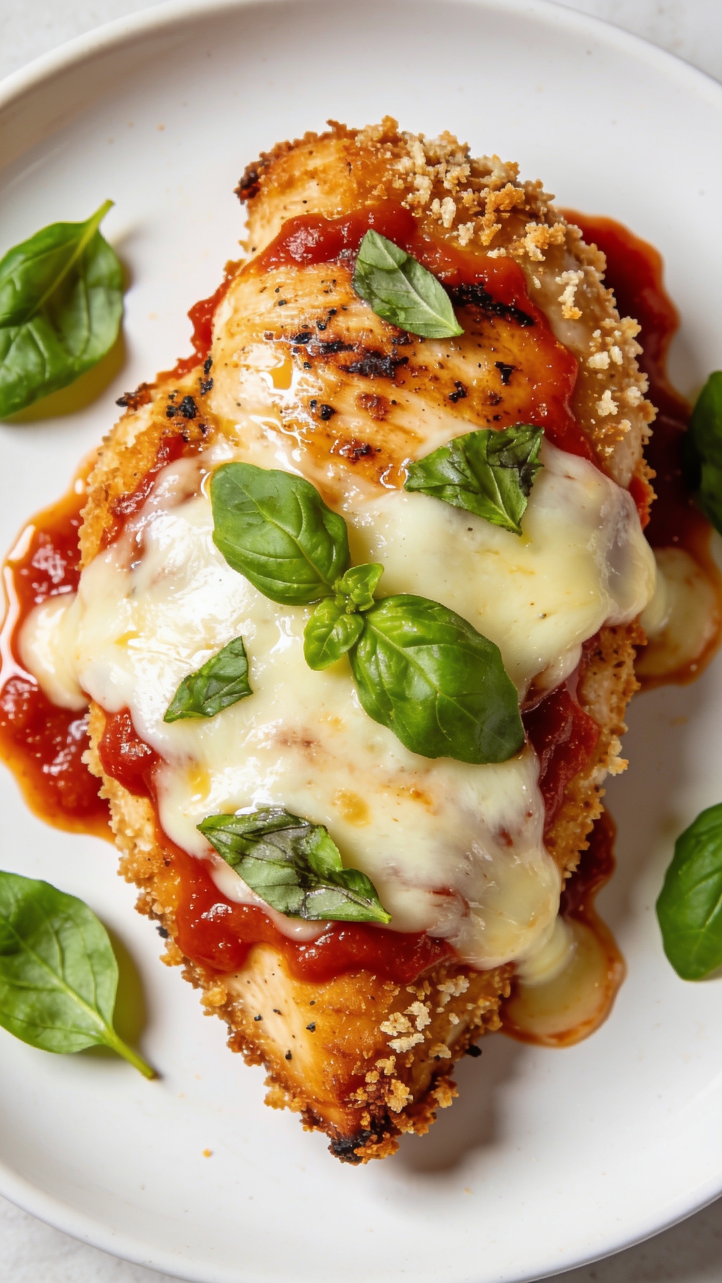A stunning hero shot of the finished High Protein Grilled Chicken Parmesan plated on a clean white plate with a crisp parmesan crust, molten mozzarella on top, vibrant marinara visible around the edges, fresh basil leaves scattered, and a glistening glossy sauce. Capture from a slight top-down angle, natural bright light, shallow depth of field, plate centered, food occupying 90–95% of frame. No hands or people.