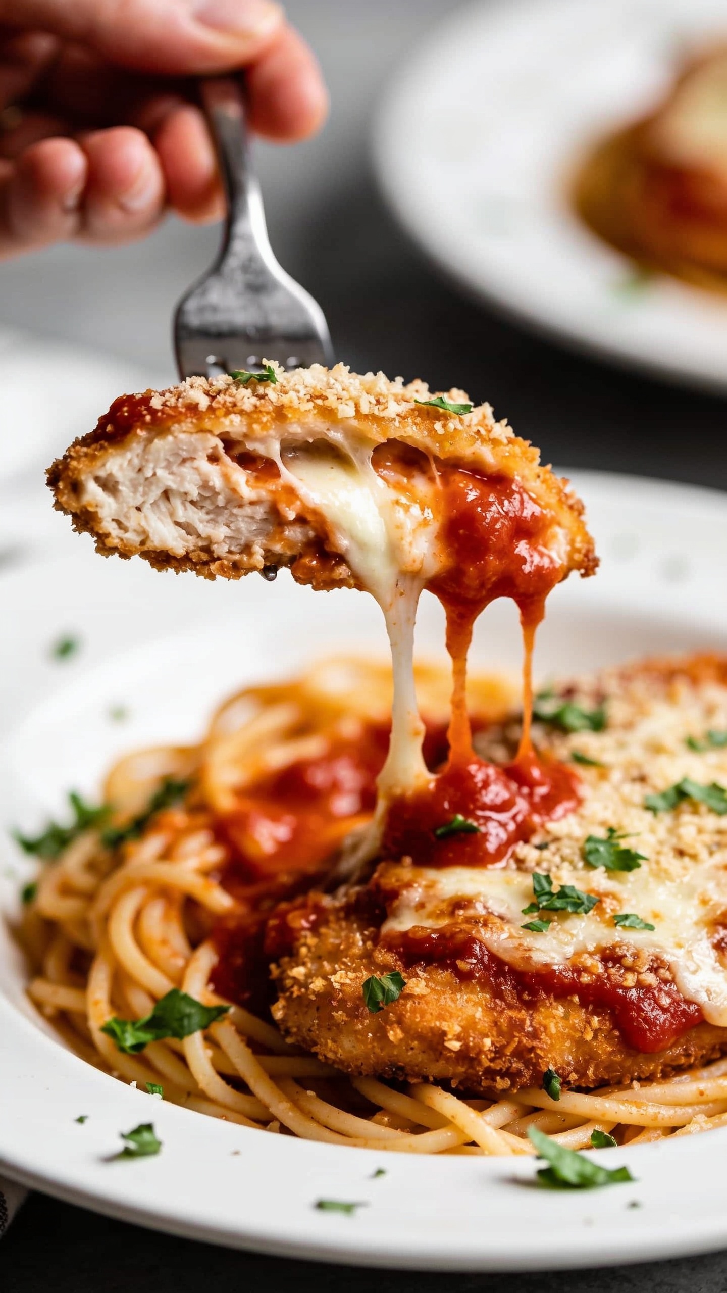 A dynamic close-up action scene: a fork lifting the perfect bite of the finished chicken Parmesan, showing the juicy cutlet interior, crispy parmesan crust, melted cheese stretching slightly toward the fork, marinara sauce trailing, fresh herbs sprinkled, all in ultra-close framing, shallow depth of field, natural light, plate in a soft blurred background. No hands or people.