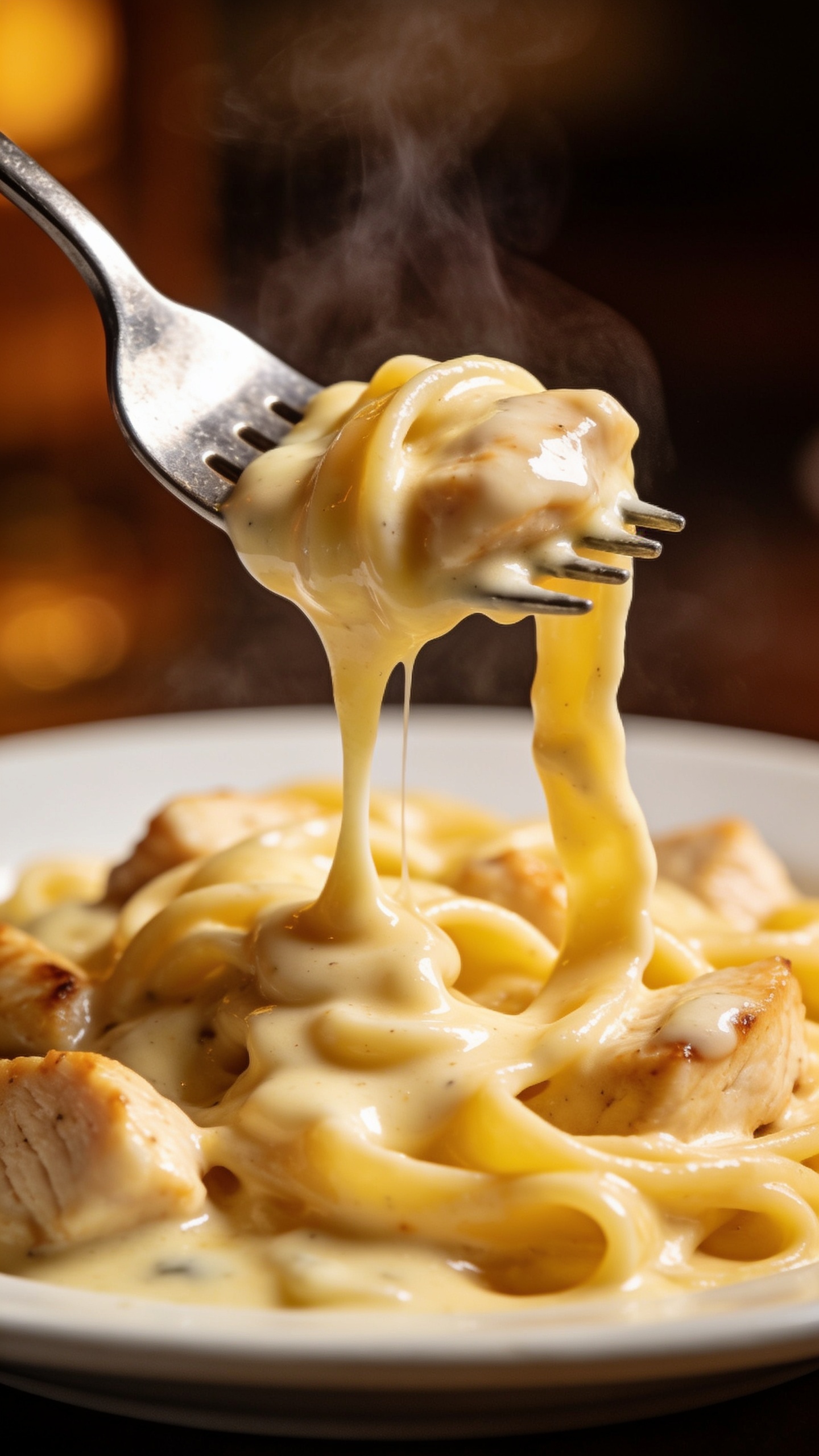 A close-up action shot capturing the moment a fork lifts the perfect bite of the finished dish; a glossy pool of creamy Alfredo wraps around the fork tines as a strand of pasta stretches slightly, steam subtly rising, chicken pieces visible, vibrant plate colors, 90–95% frame fill, macro focus on the bite with a soft bokeh background.