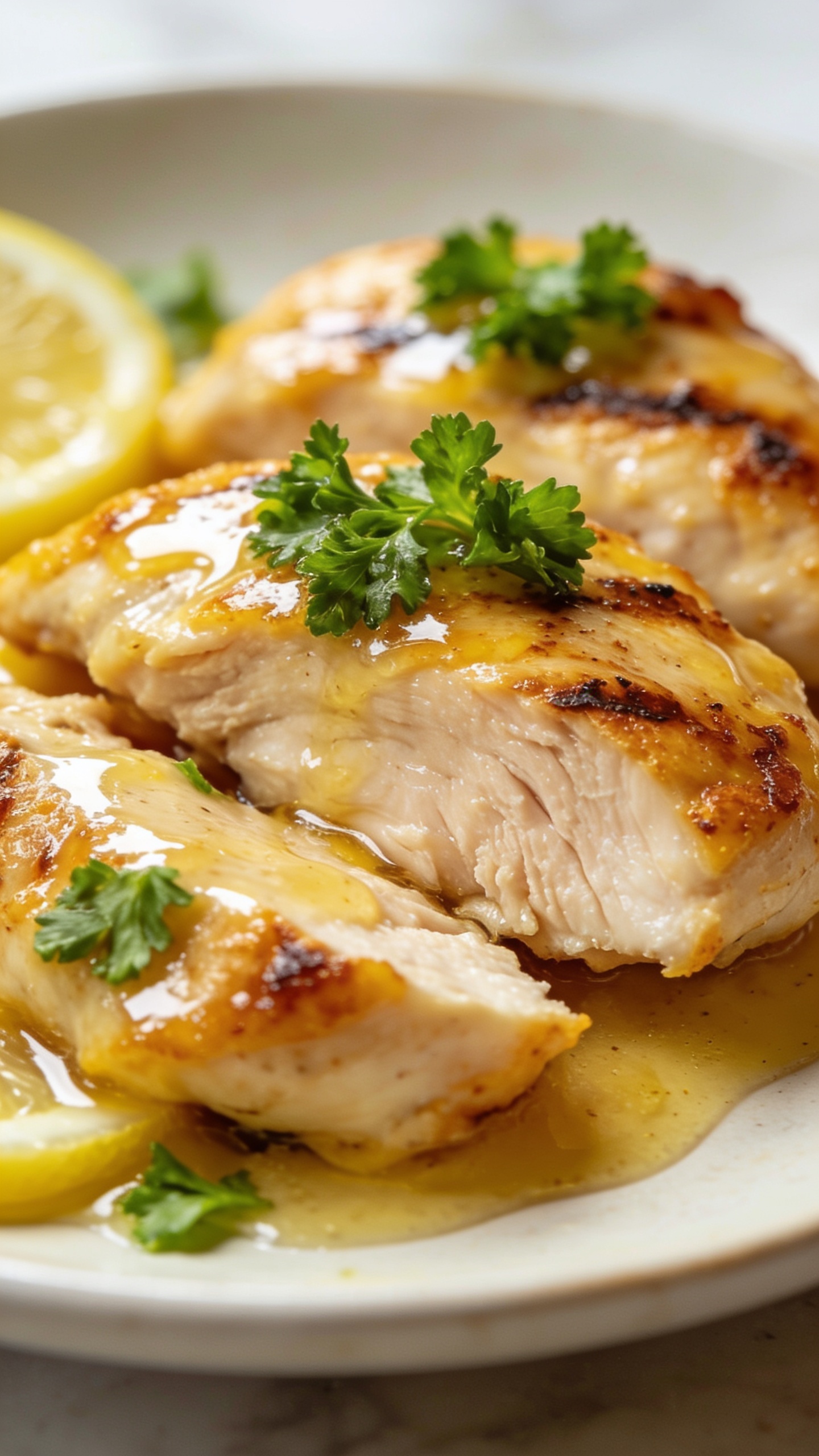 A stunning hero close-up of the finished High Protein Lemon Grilled Chicken plated pristine on a light-colored plate, with glossy lemon-infused sauce sheen, vibrant green parsley garnish, bright natural lighting, ultra-close crop showing juicy chicken with golden-crisp edges, and a subtle bokeh background to keep the entire focus on the plated dish
