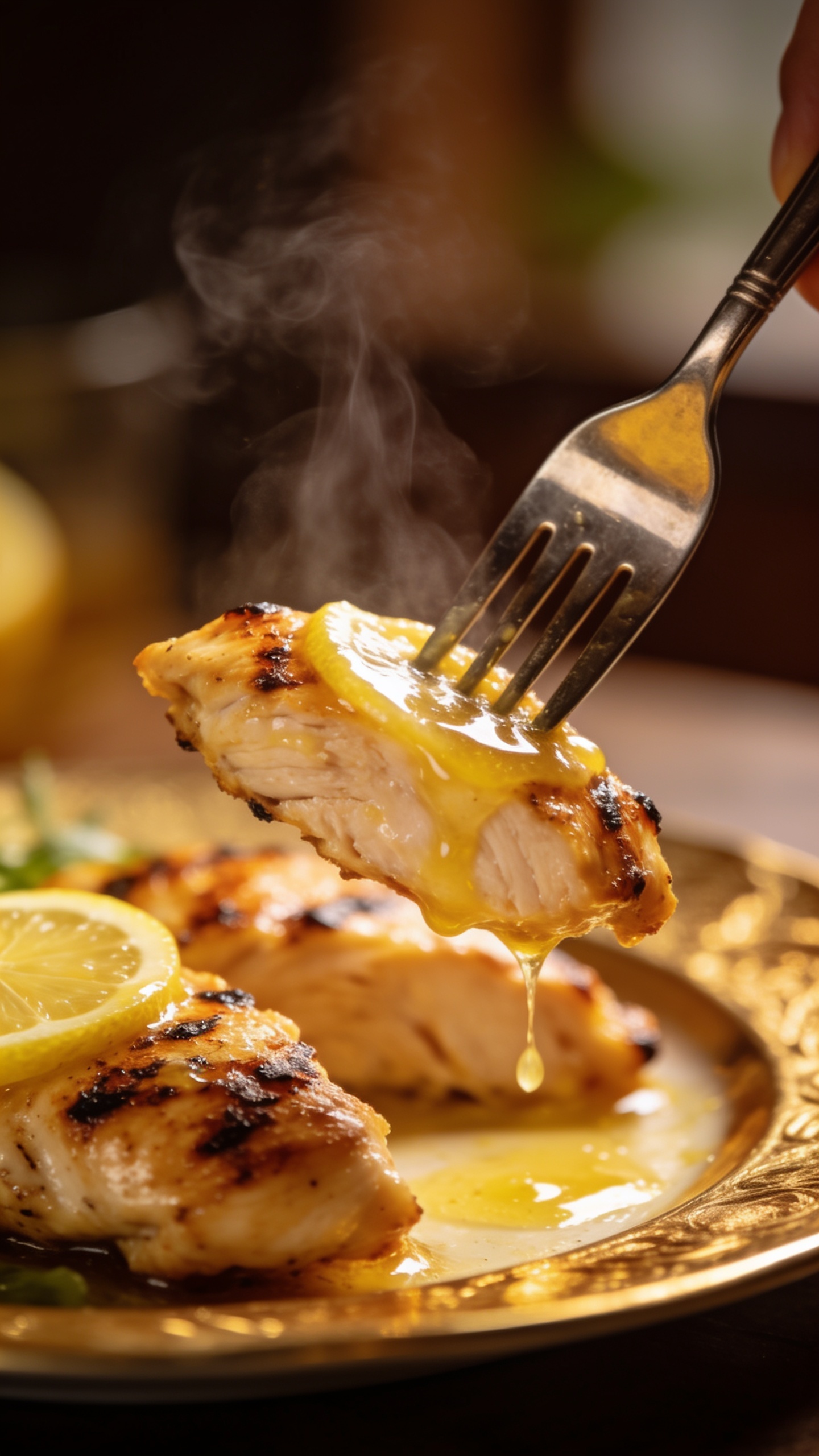 A dynamic, mouthwatering action shot: a fork lifting the perfect bite of lemon-grilled chicken from the plate, sauce glistening on the fork, steam barely curling, rich textures of grilled char and juiciness visible, shallow depth of field, golden plate highlights, no hands or people in frame