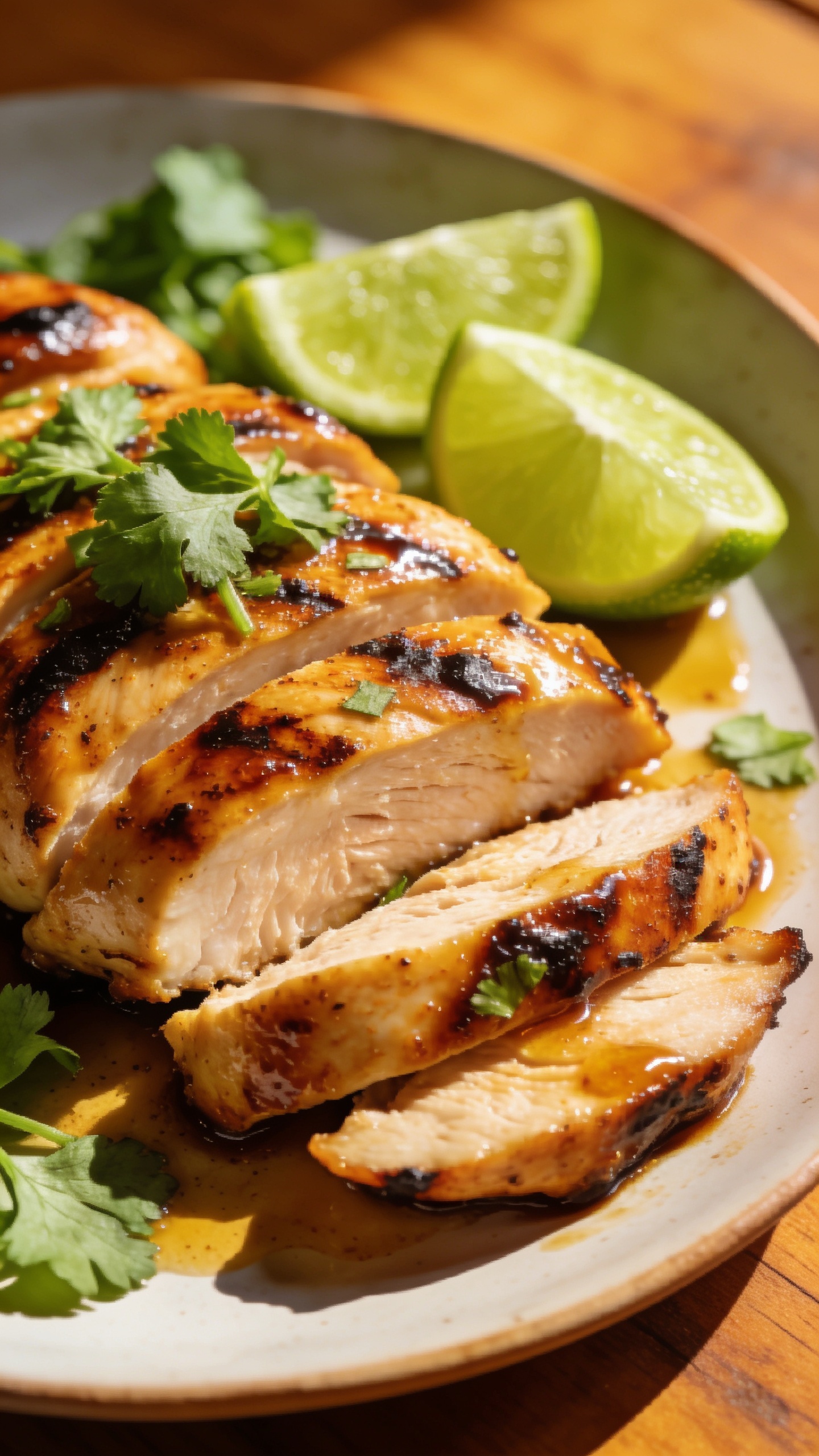 A stunning hero image of the finished High Protein Mexican Grilled Chicken plated beautifully: glossy, perfectly cooked chicken breasts sliced to reveal juicy interior, vibrant lime wedges, fresh cilantro, and a light smoky glaze; plate on a warm-toned wooden table with natural sunlight, shallow depth of field, rich textures, no people, no text on image.