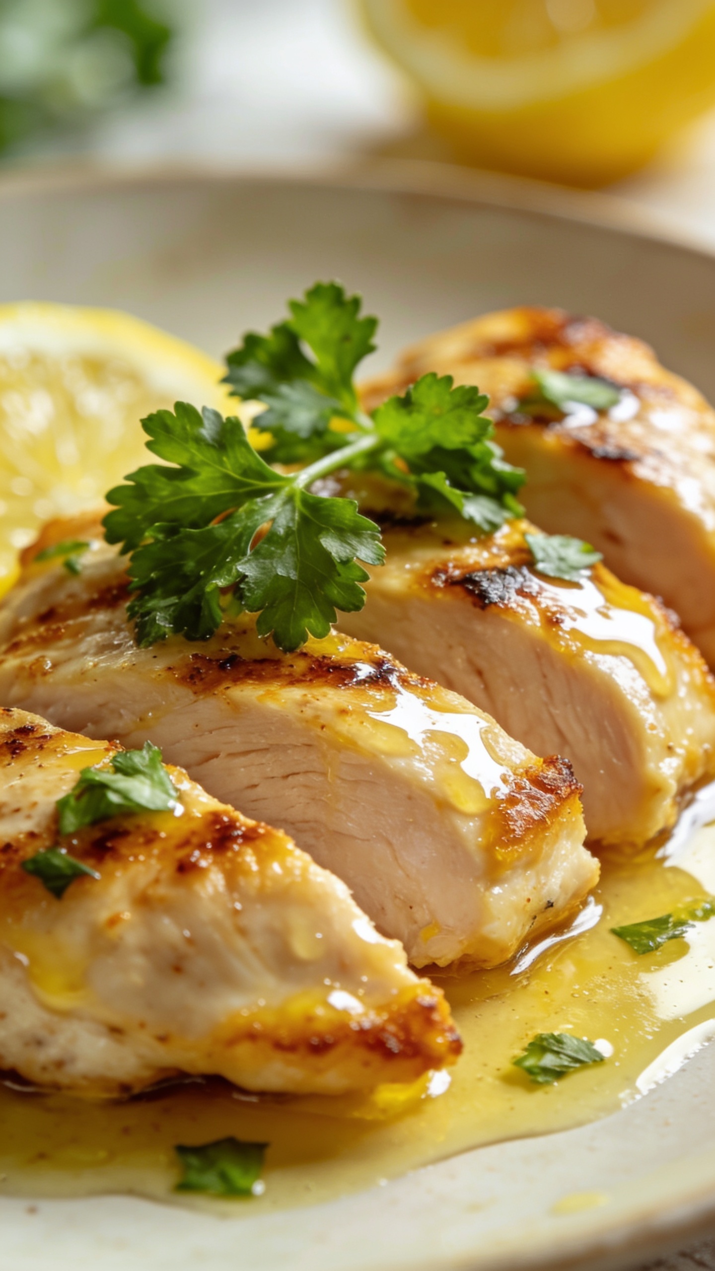 Ultra-close, vibrant macro of the finished chicken from a slightly angled top-down view: the juicy interior just visible through a clean cut, lemon zest flecks, oregano and thyme specks, olive oil sheen, fresh parsley sprinkled on top, plate edges softly blurred, natural daylight, high-contrast textures to emphasize crisp outside and moist inside
