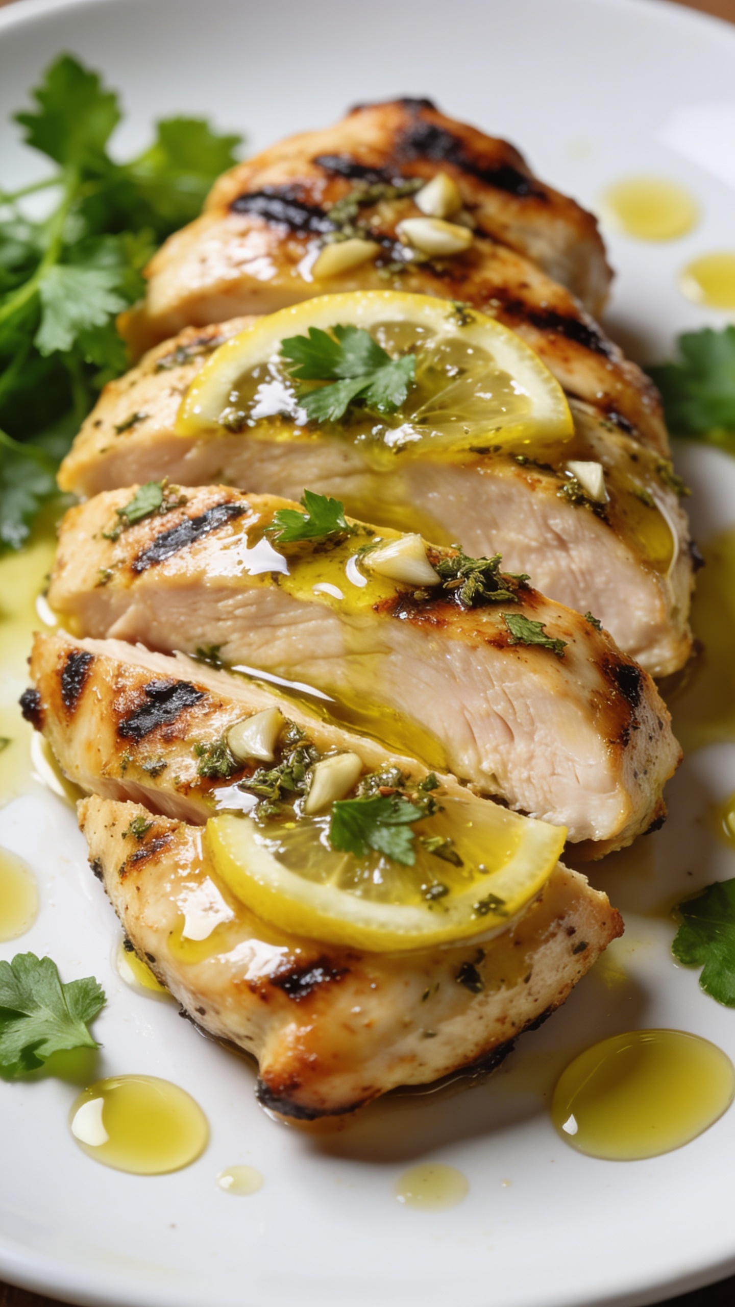 A hyper-detailed hero shot of the finished High Protein Mediterranean Grilled Chicken on a pristine white plate, juicy sliced chicken breast glazed with olive oil and lemon-garlic oregano seasoning, bright Mediterranean colors, glossy coating, charred grill marks, fresh parsley garnish, surrounding olive oil-dotted plate, soft natural daylight, shallow depth of field, ultra-close-up, food fills 90-95% of frame, no text, no hands.