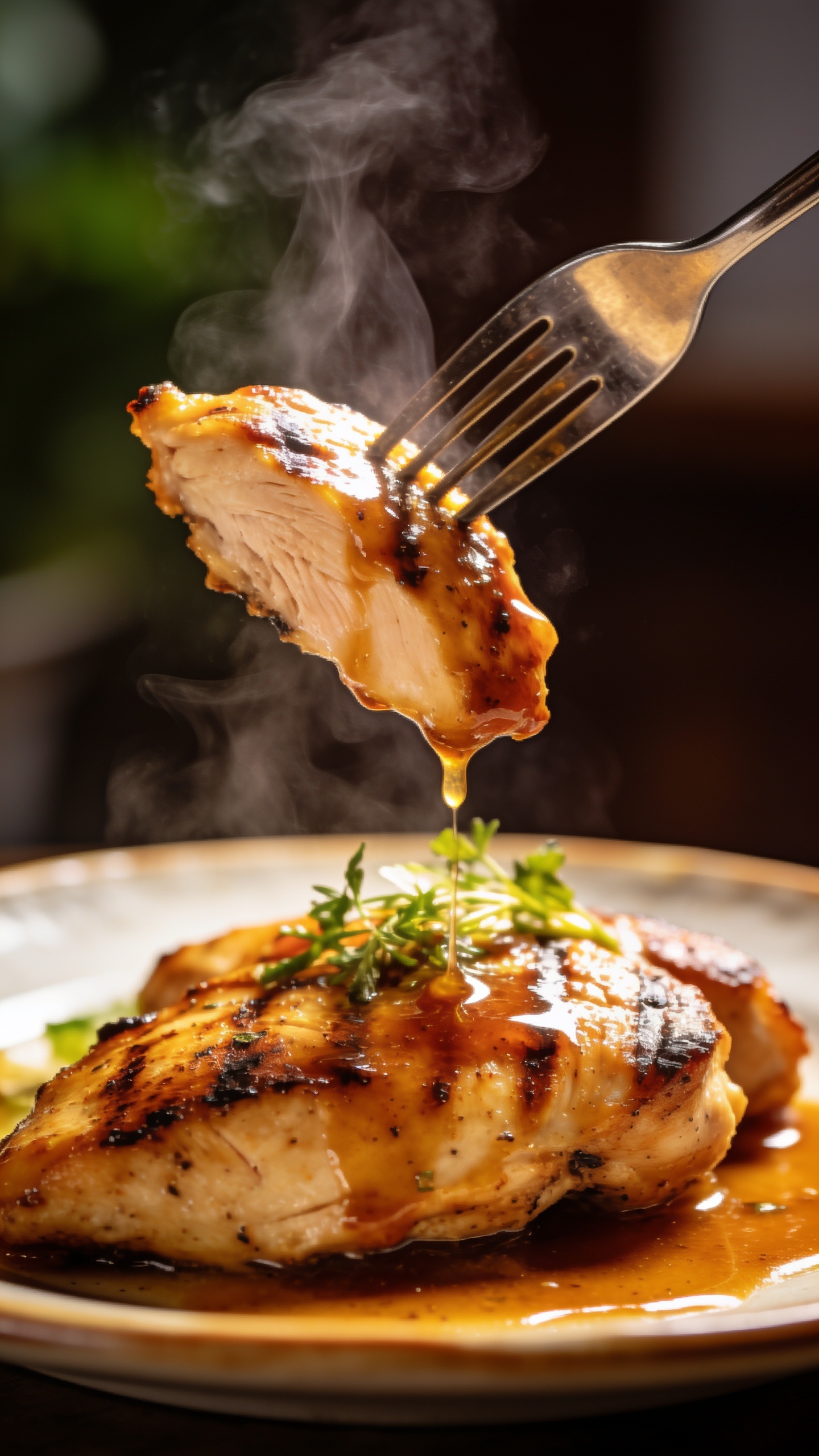A mouthwatering action moment: a fork lifting the perfect bite of grilled chicken from the plate, sauce glistening and dripping slightly, steam just starting to rise, herb garnish catching light, plate edge softly blurred, background bokeh, extremely close-up, 90-95% food coverage, bright natural lighting, premium food-blog styling, no hands or faces.