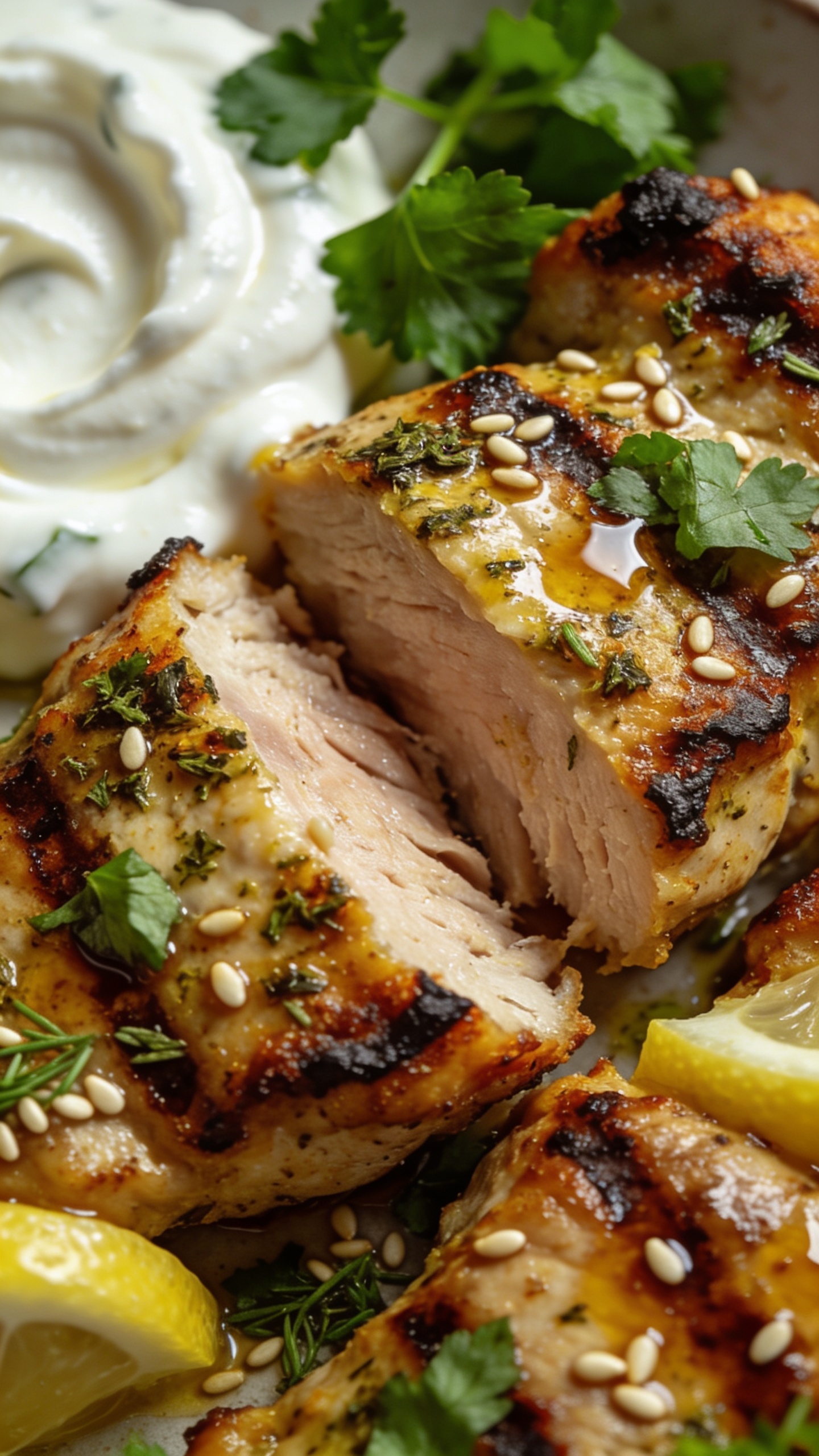 Close-up rounds from the same dish, top-down angle emphasizing texture: juicy grilled surface with crispy edges, oregano-lemon marinade visible, creamy Greek yogurt swirl lightly in view, fresh parsley and sesame-like herbs sprinkled, glossy sauce sheen, shallow depth of field with a sharp focal point on the tender interior, 90-95% of frame filled with food, natural daylight, ultra high-resolution, no text.