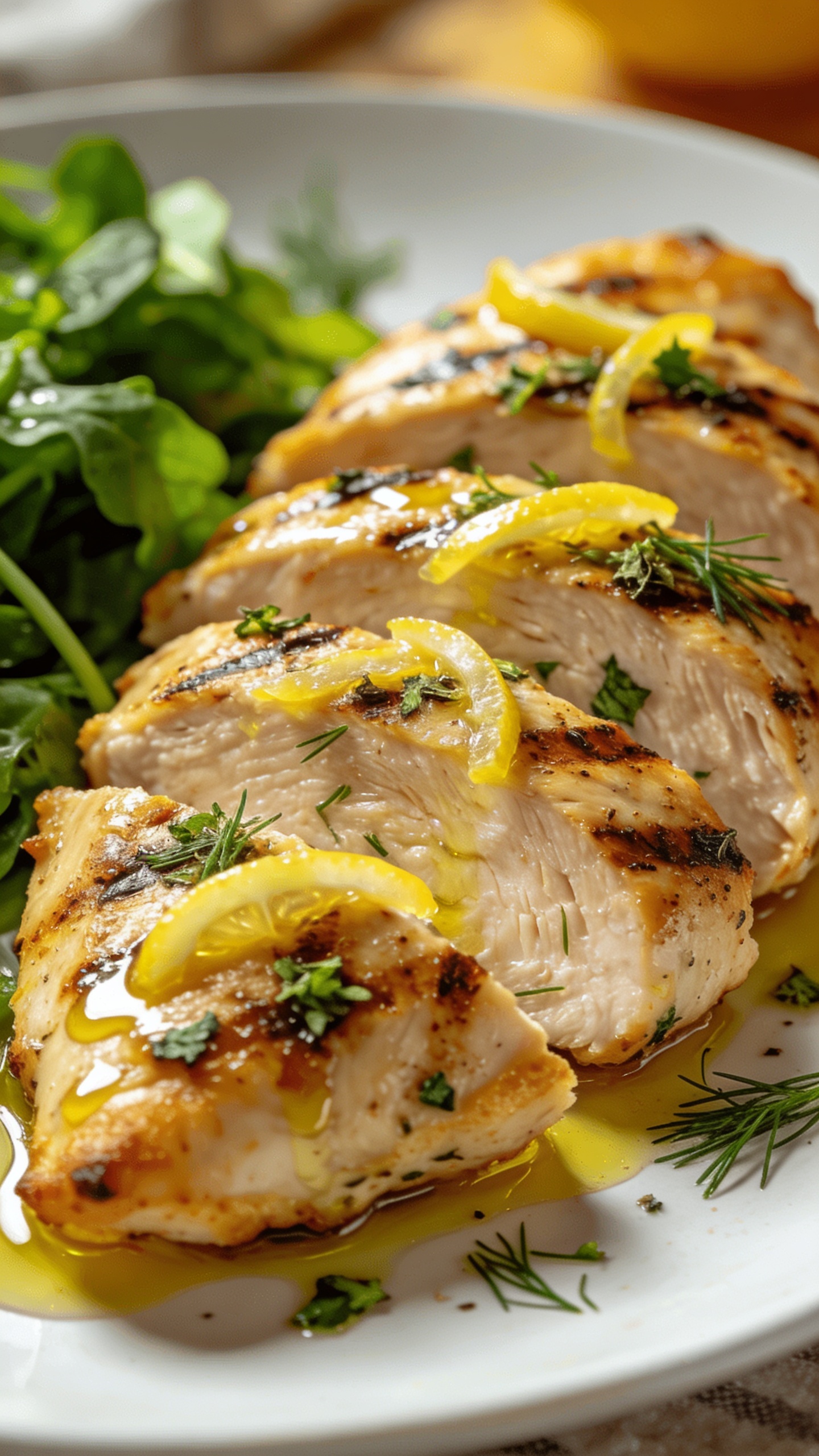 A stunning hero close-up of the finished High Protein Greek Grilled Chicken plated impeccably: succulent grilled chicken breasts sliced to show juicy interior, bright lemon zest glistening, olive oil sheen, fresh oregano and dill scattered, vibrant greens on the side, warm golden crust, pristine white plate, natural sunlight, shallow depth of field; no text.