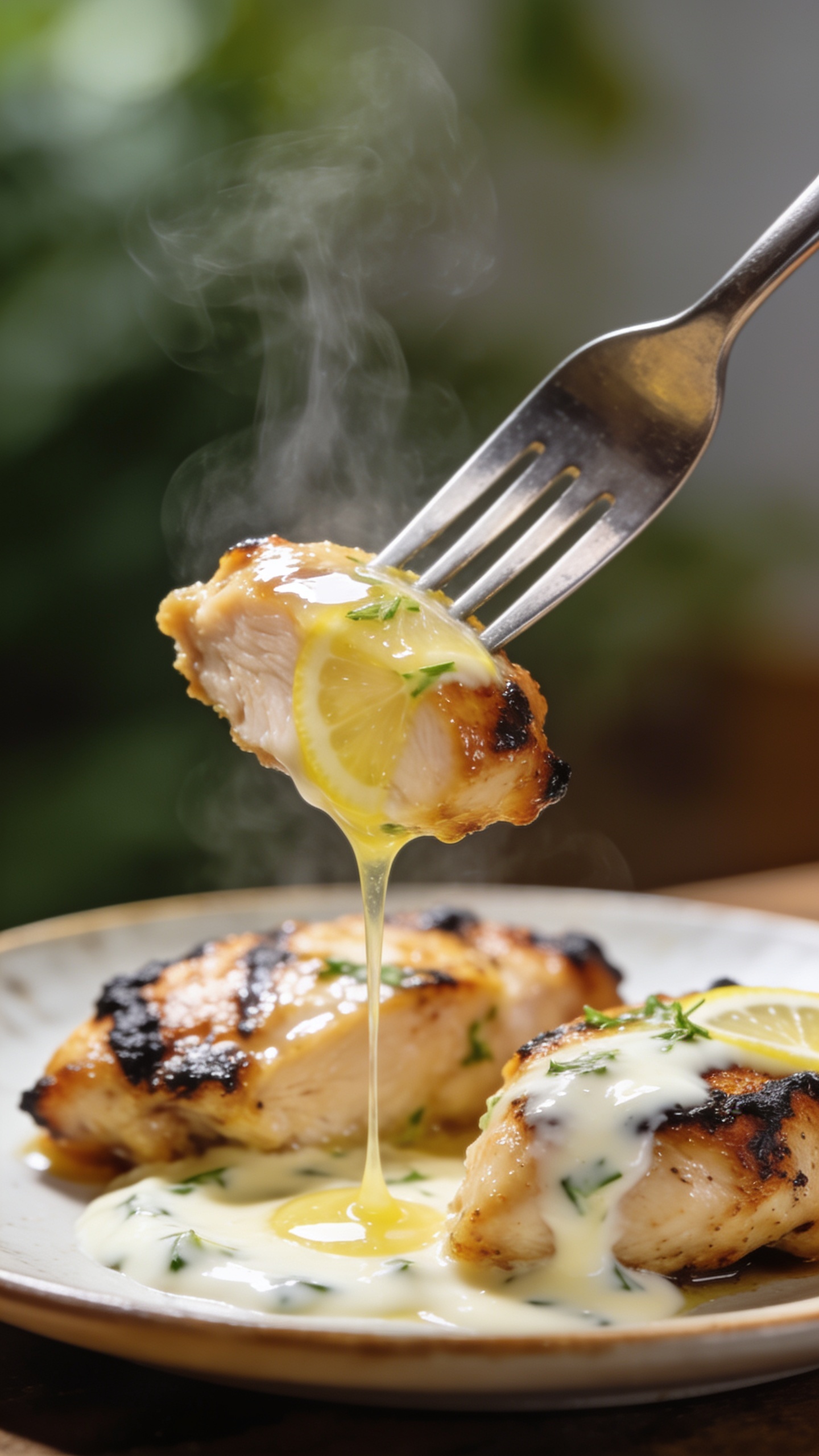 A dynamic macro of the irresistible bite moment: a fork lifting a perfectly juiced, glossy chicken bite with a thin drizzle of lemon-herb glaze trailing, steam just starting to rise, plate-centered, rich textures of charred edges and creamy yogurt-lemon glaze visible, 85mm-style macro, bright natural light, shallow depth of field; no hands or people.