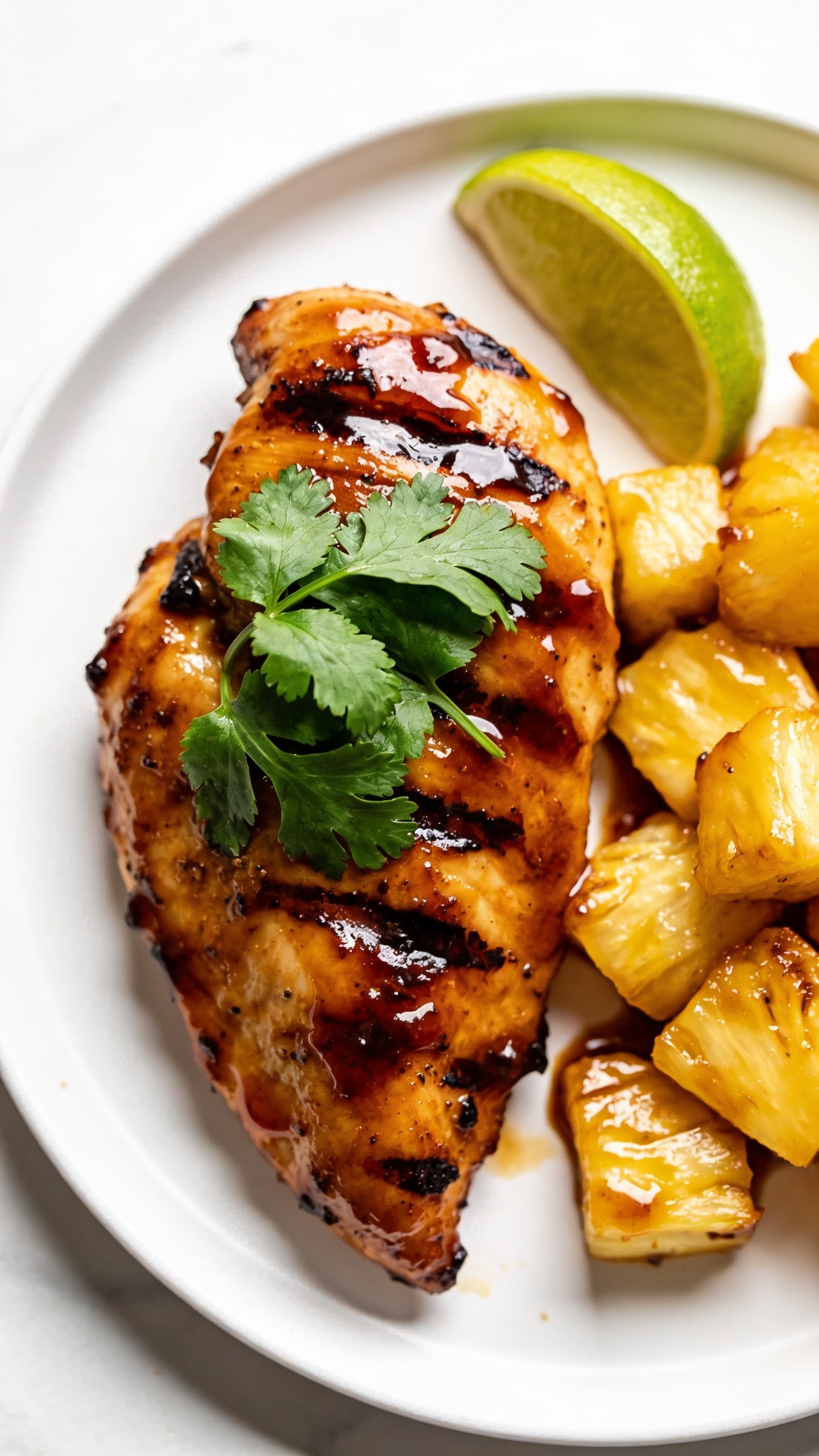 A stunning hero image of the finished High Protein Grilled Pineapple Chicken on a pristine white plate, glossy glaze coating the perfectly grilled chicken and caramelized pineapple chunks, vibrant cilantro garnish, lime wedge on the side, bright natural light, shallow depth of field, 1:1 or square composition, no text, the dish centered and looking mouthwatering.