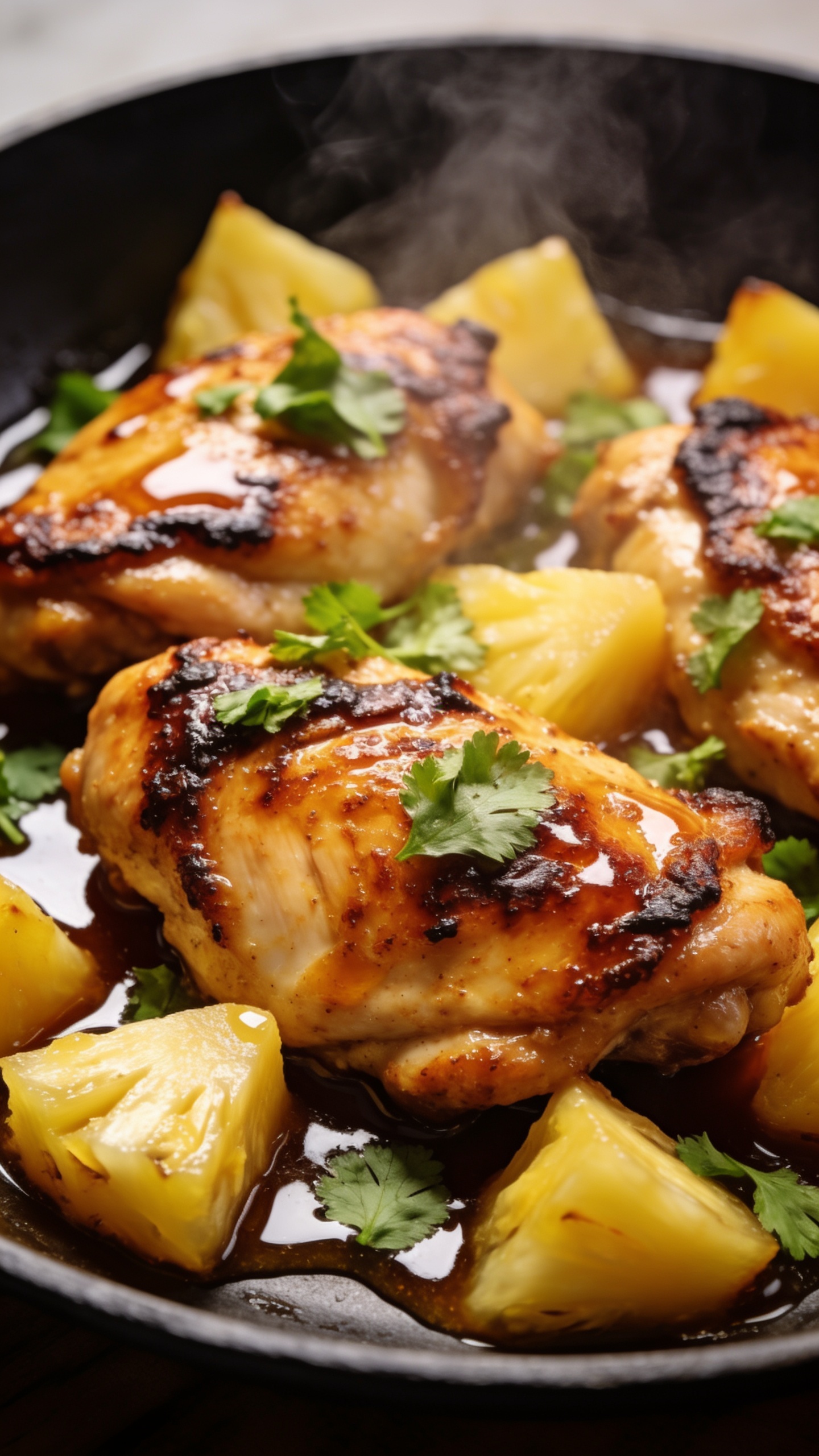 Ultra-close, close-up hero from a slightly angled top-down view showing the finished dish’s textures: caramelized edges on the chicken, succulent pineapple pieces, glossy sauce pooling around, fresh cilantro lightly sprinkled, steam just barely rising, vibrant colors, premium food-blog styling, shallow depth of field, no text, food filling 90–95% of frame.