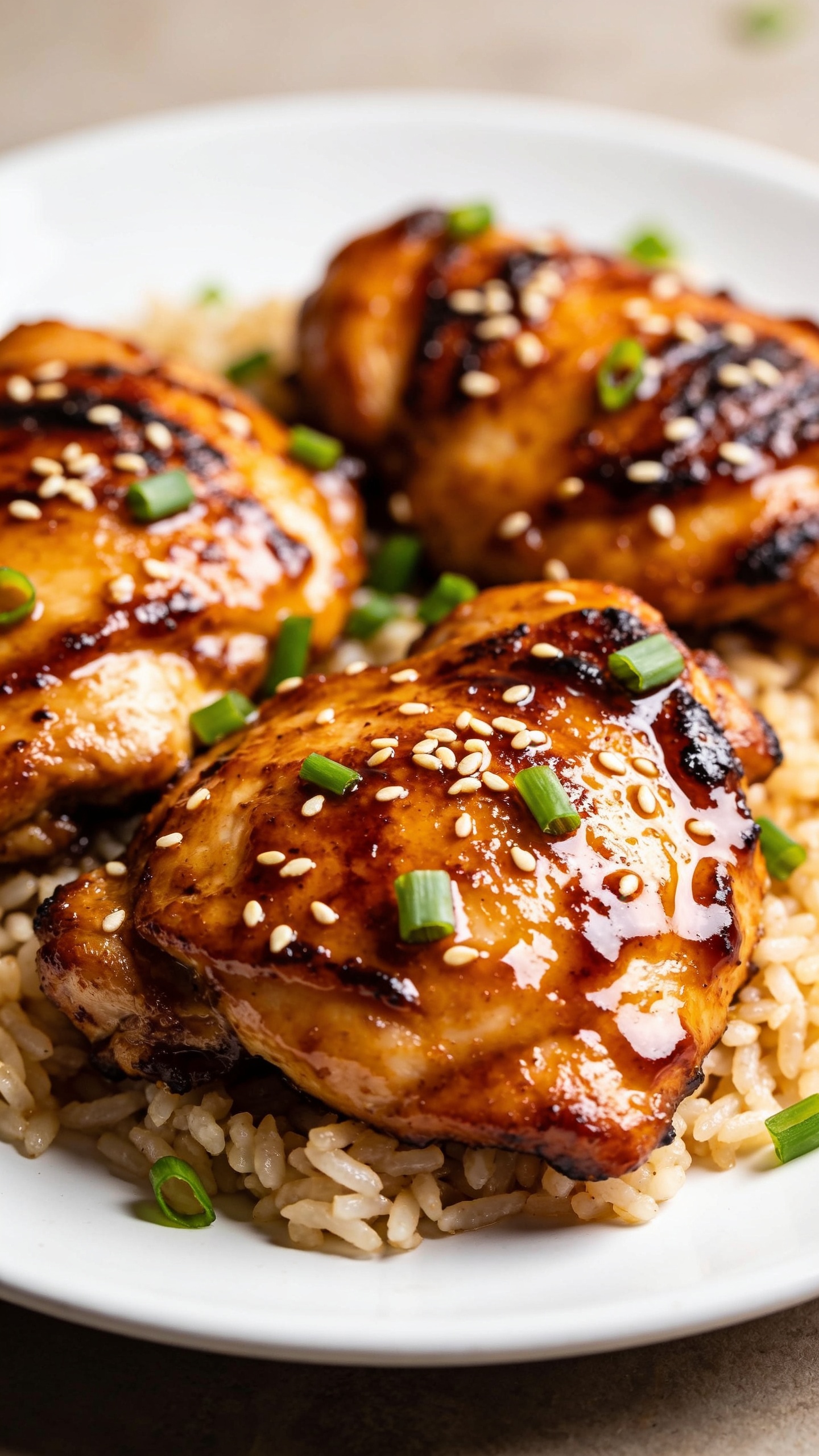A stunning hero close-up of the finished High Protein Grilled Teriyaki Chicken on a pristine plate, glistening amber-teriyaki glaze coating perfectly grilled chicken thighs, sesame seeds lightly scattered, vibrant green onions accents, rice beneath, natural light, ultra shallow depth of field, rich textures, no people,  extreme close-up, plate fills frame, warm golden tones.