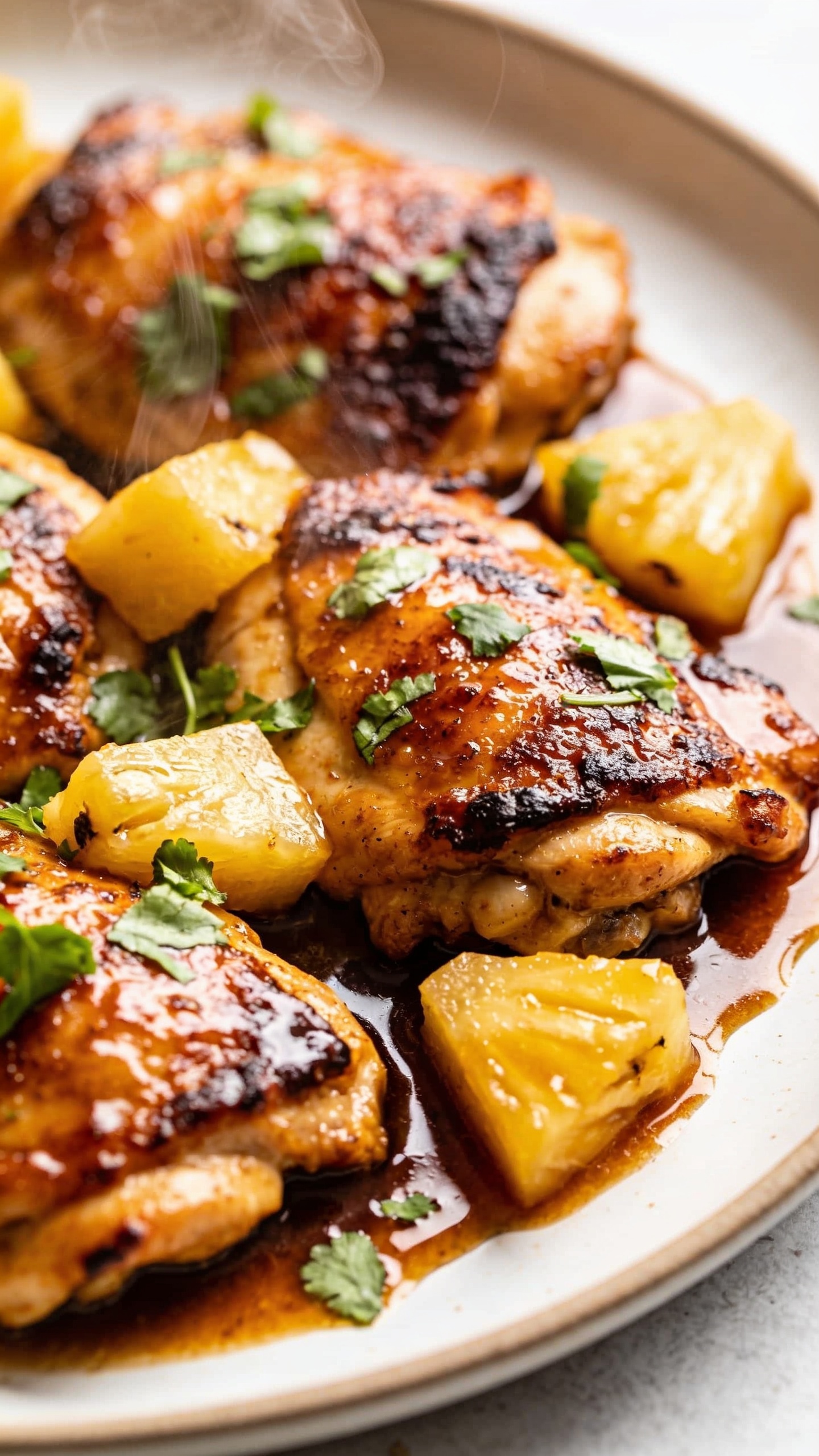 A dynamic action close-up capturing a fork lifting the perfect bite: juicy grilled chicken, a glistening pineapple piece, and a hint of sauce dripping back to the plate, a single glistening strand of glaze connecting bite to plate, ultra-close macro, soft bokeh background, bright natural lighting, no hands or people visible.