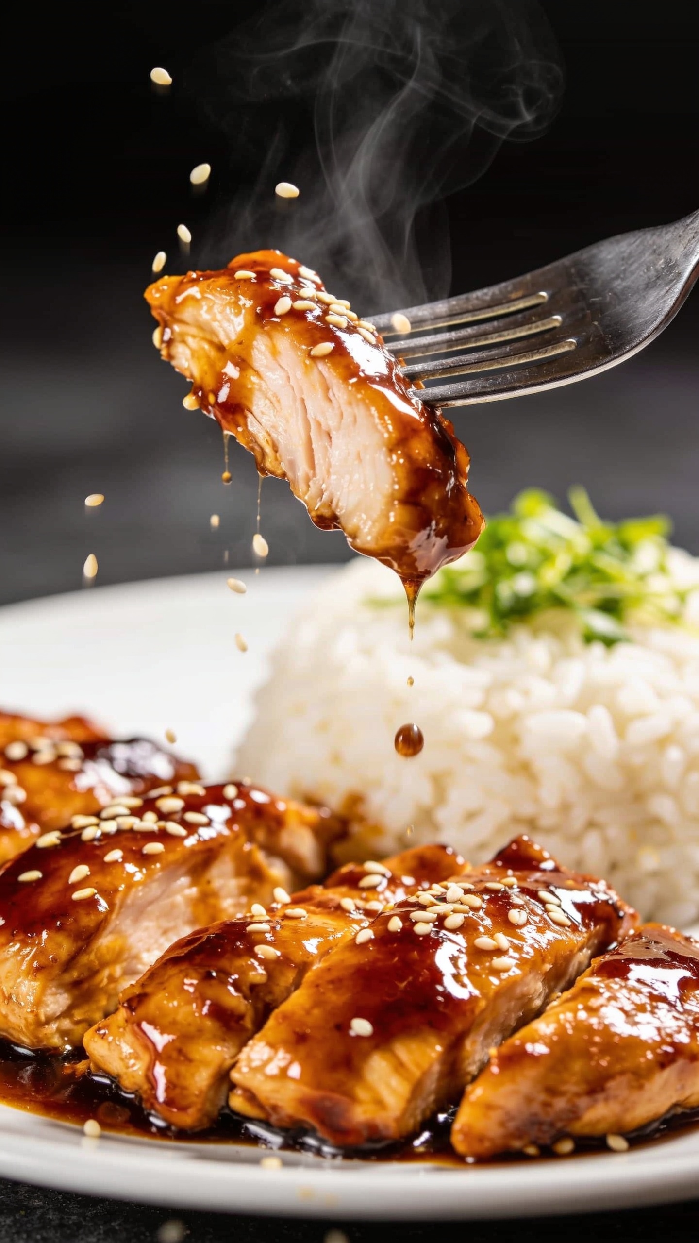 A dynamic close-up action shot: a fork lifting a perfect bite of glossy chicken with glossy teriyaki glaze, dramatic pull showing juiciness and steam, sesame seeds mid-fall, plate with rice and garnish in soft focus, bright natural light, shallow depth of field, food dominating frame, no hands or faces.