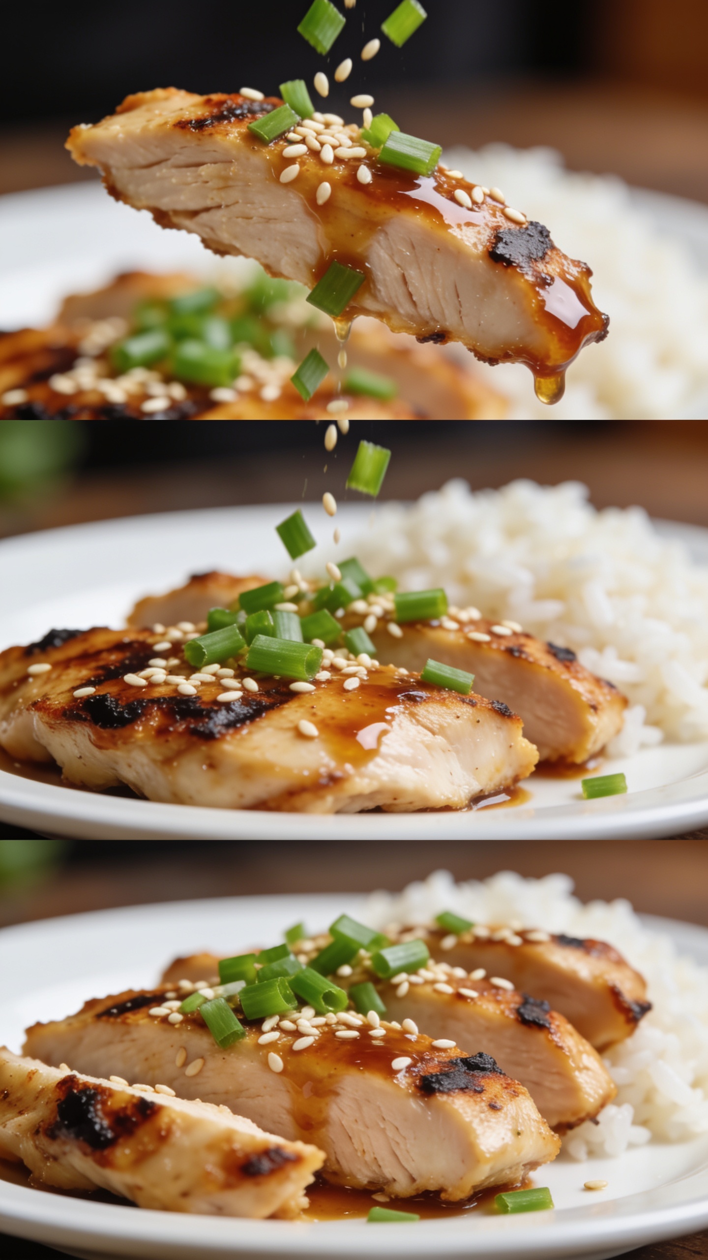 A trio-shot macro close-up from a slightly higher angle: the finished chicken slice with melted glaze clinging to edges, sesame seeds and chopped green onions cascading onto the surface, crispy char marks visible, vibrant colors, rice base blurred behind, natural daylight, ultra-clean styling, plate occupying most of frame.