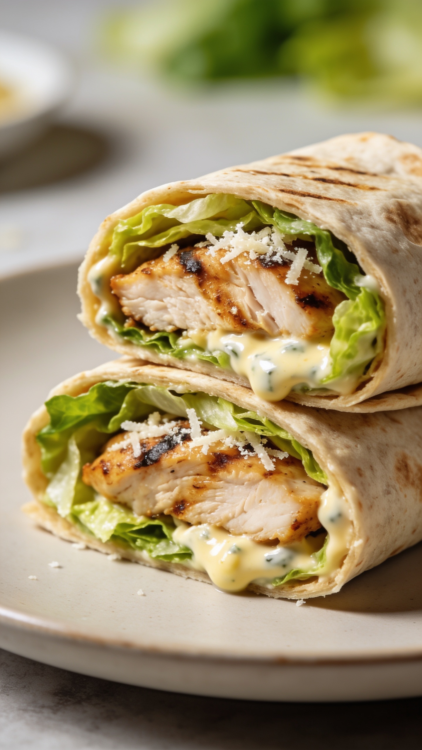 A stunning hero close-up of the finished high-protein grilled chicken Caesar wrap on a clean, neutral plate, sliced to reveal juicy grilled chicken, crisp romaine, Parmesan, and creamy Caesar dressing rolled inside a soft whole-wheat tortilla; bright natural lighting, shallow depth of field, glossy textures, and rich colors, no text, food filling 90â95%.