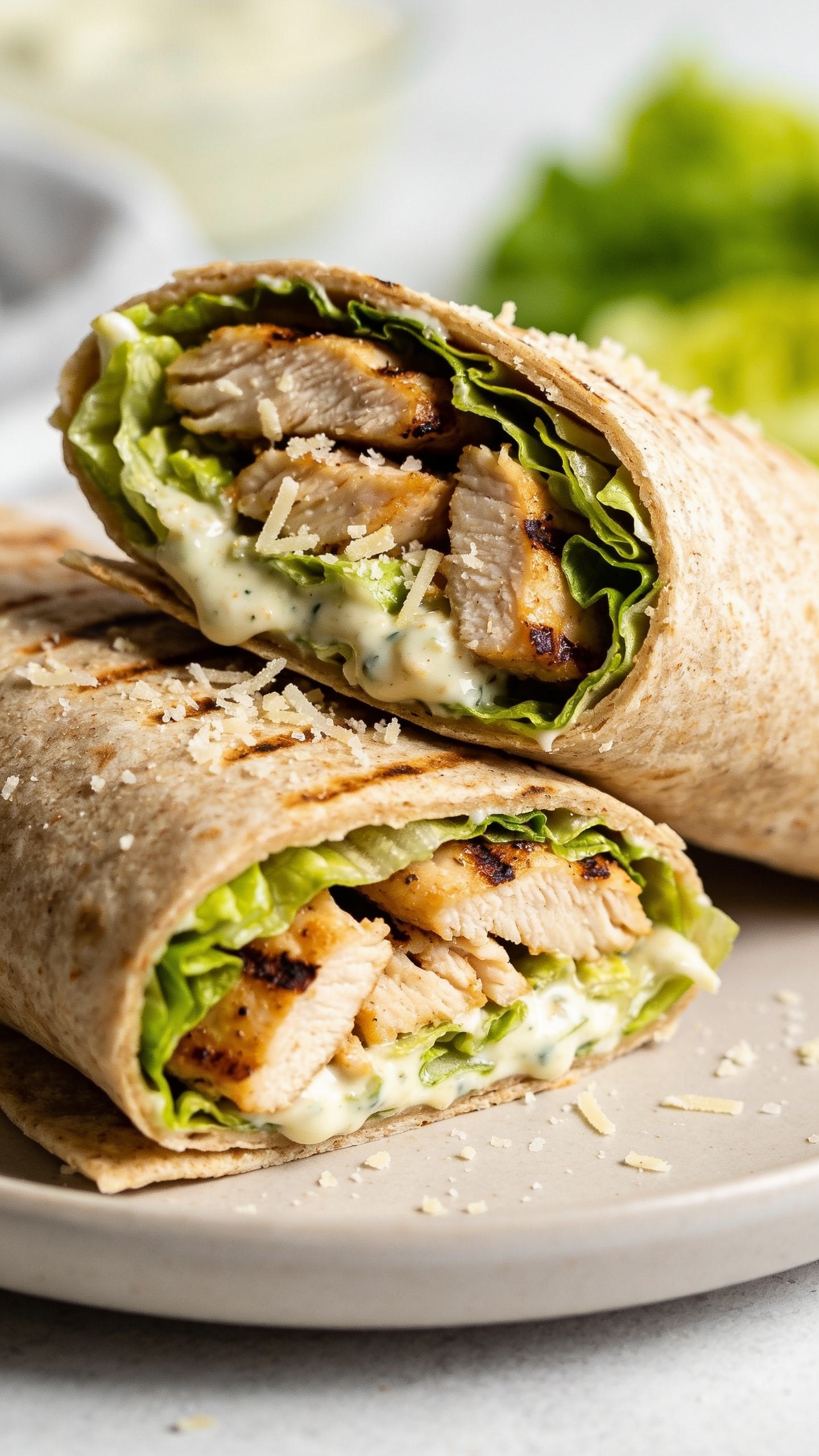 Two ultra-close-up, high-contrast angles of the same finished wrap: (a) a top-down view highlighting the wrapâs cut edge, showing layered chicken, romaine, and dressing with a glossy sheen; (b) a side-angle macro emphasizing the tortillaâs texture and the wrapâs juicy interior; bright natural light, shallow depth of field, premium food-blog styling, 90â95% food fill, no text.