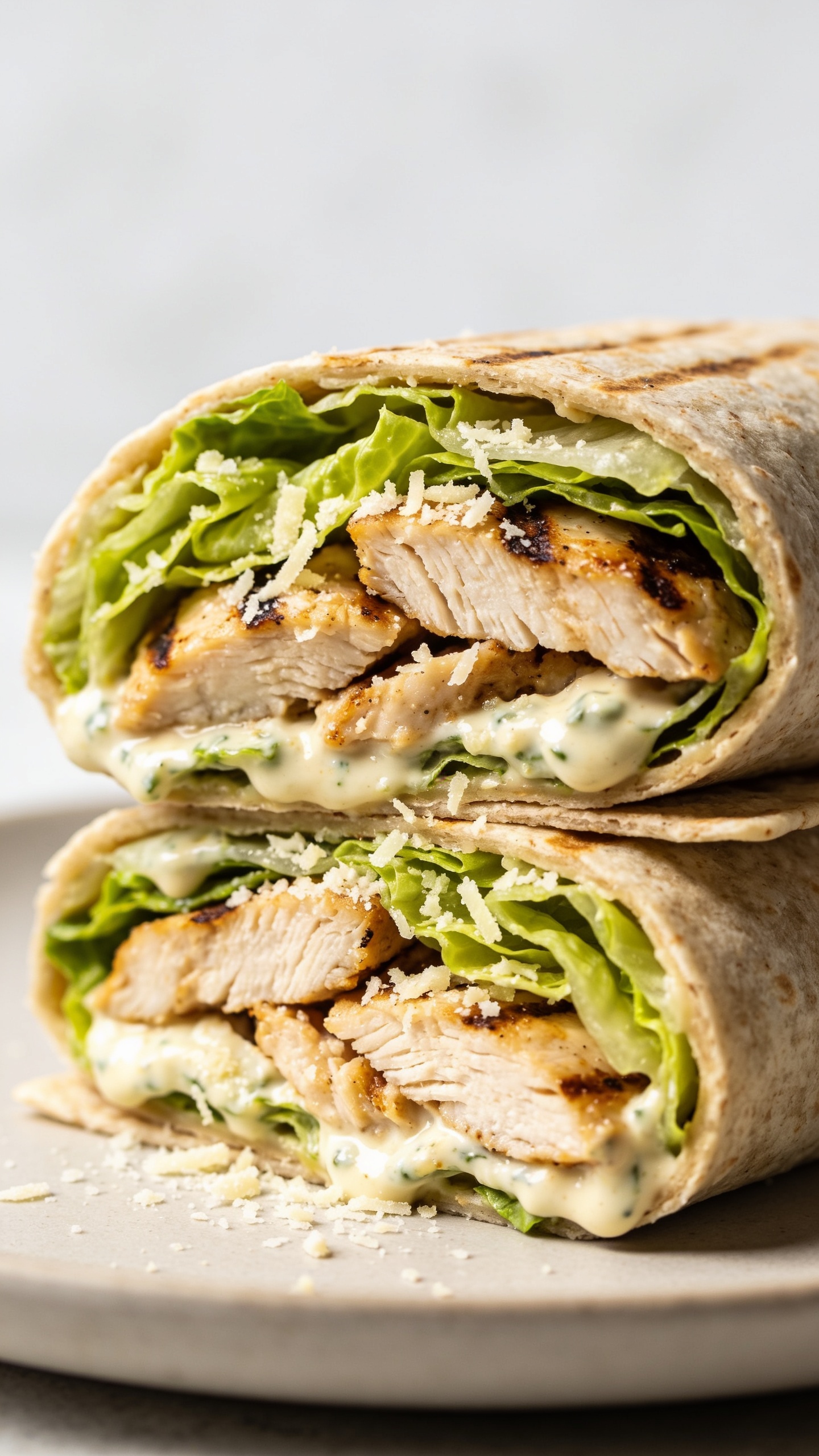 A dynamic, mouthwatering action shot: a fork lifts a perfect bite from the finished wrap, capturing juicy chicken, creamy dressing, and crisp greens tearing away; the fork is the only visible utensil, hands and other elements hidden, ultra-close-up, studio-style lighting, glossy finish, 90â95% food fill.