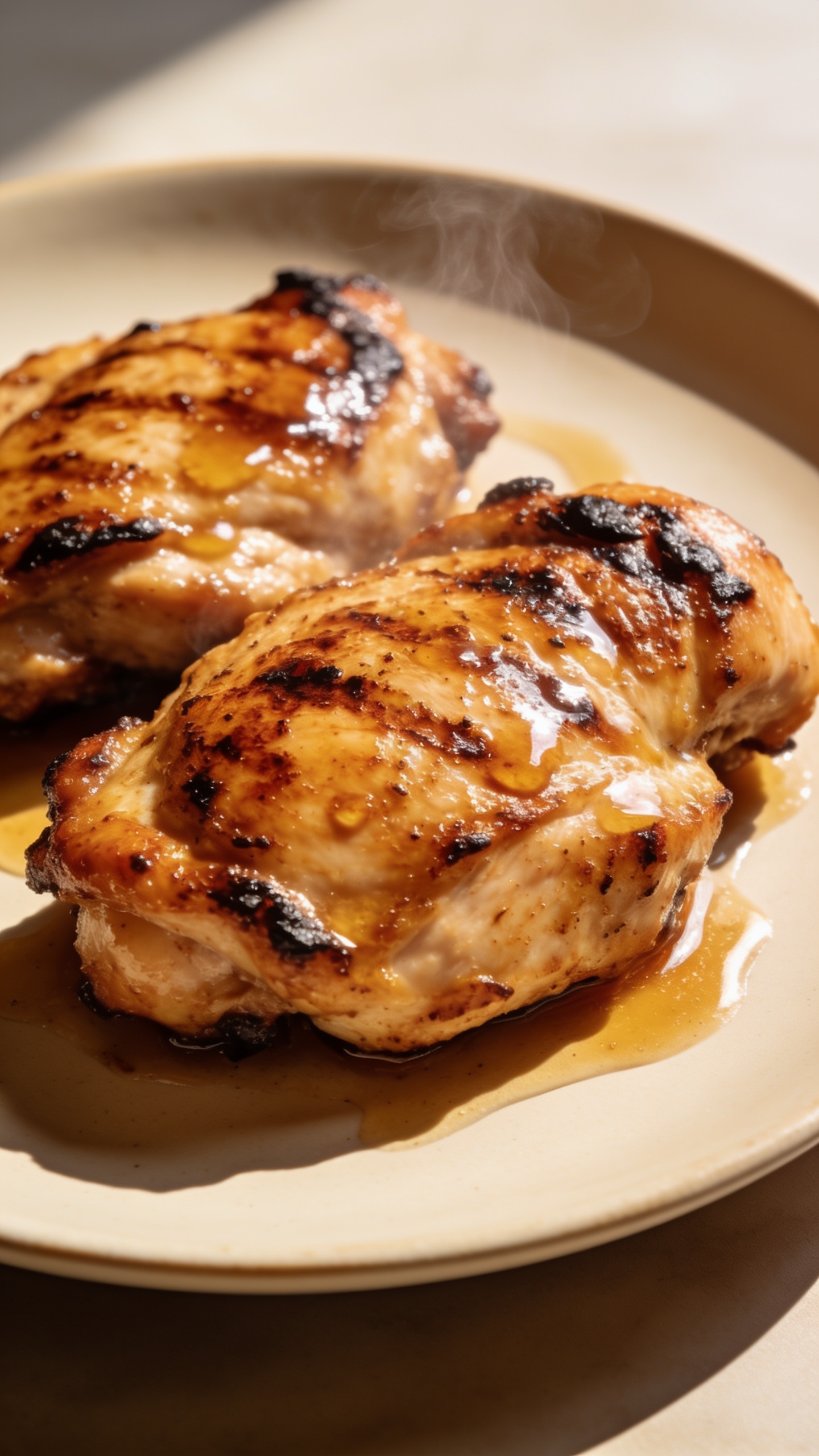 A stunning hero image of the finished high-protein boneless grilled chicken thighs plated elegantly on a neutral, warm-toned plate with a light drizzle of glaze, glossy surface, and visible char-marked edges; steam subtly rising; bright natural light; the dish centered and filling most of the frame, no hands or people, ultra- crisp textures, premium food photography styling.