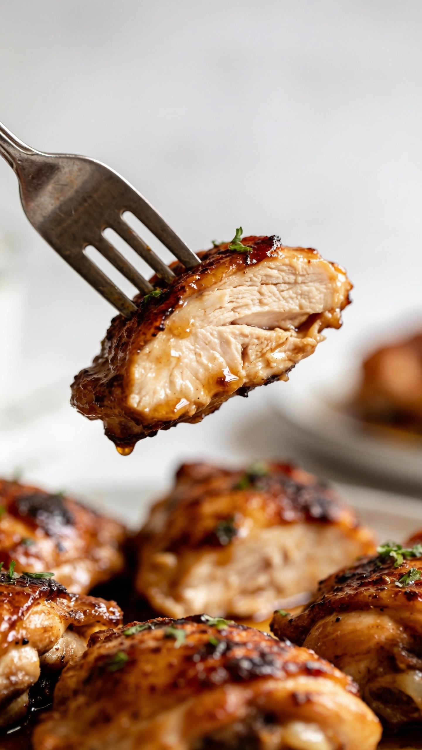 A dynamic close-up action scene: a fork is lifting a perfect bite of the juicy grilled chicken thighs, sauce glistening on the surface, crispy edges catching the light, herbs lightly sprinkled over, the moment before the bite meets the mouth; shallow depth of field, the food dominating 90–95% of the frame, natural lighting.