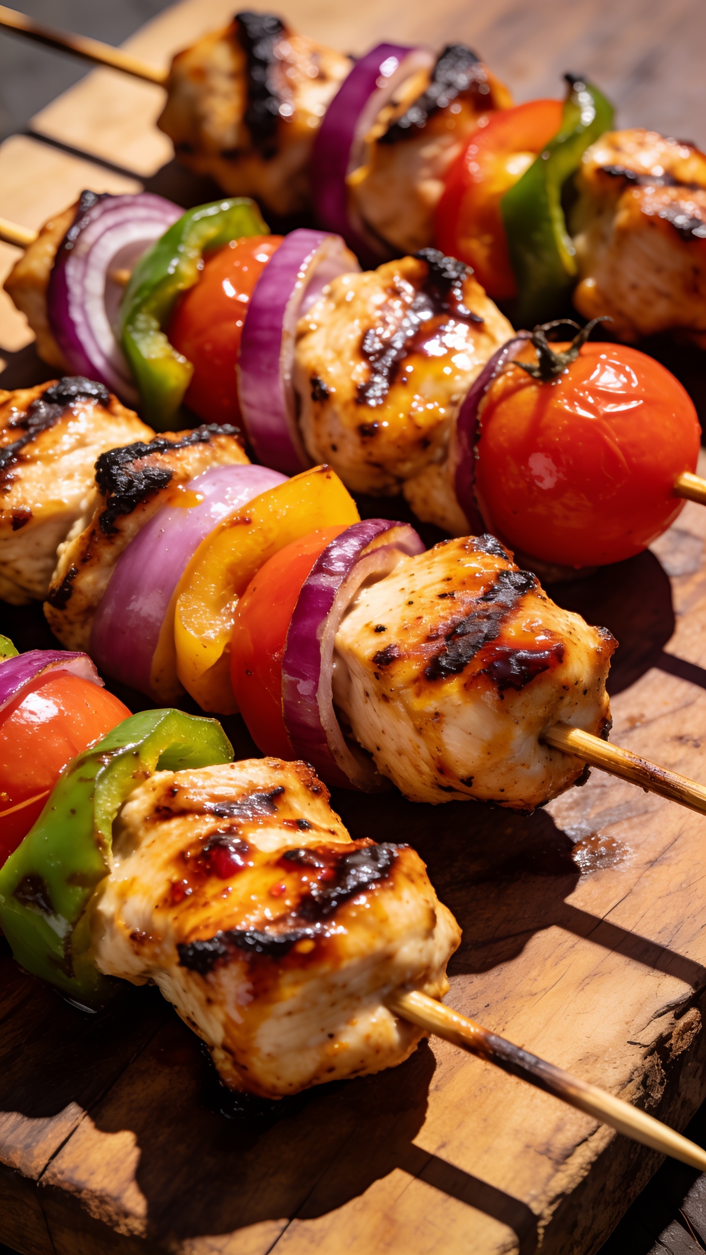 A stunning hero shot of High Protein Grilled Chicken Kabobs on a rustic wooden board: plump grilled chicken pieces with charred edges, glossy zippy marinade clinging to peppers, onions, and tomatoes, skewers arranged in a sunlit, vibrant spread; no hands or people, bright natural light, ultra-clean food styling, 3D close-up focusing on juicy texture and succulent glaze.