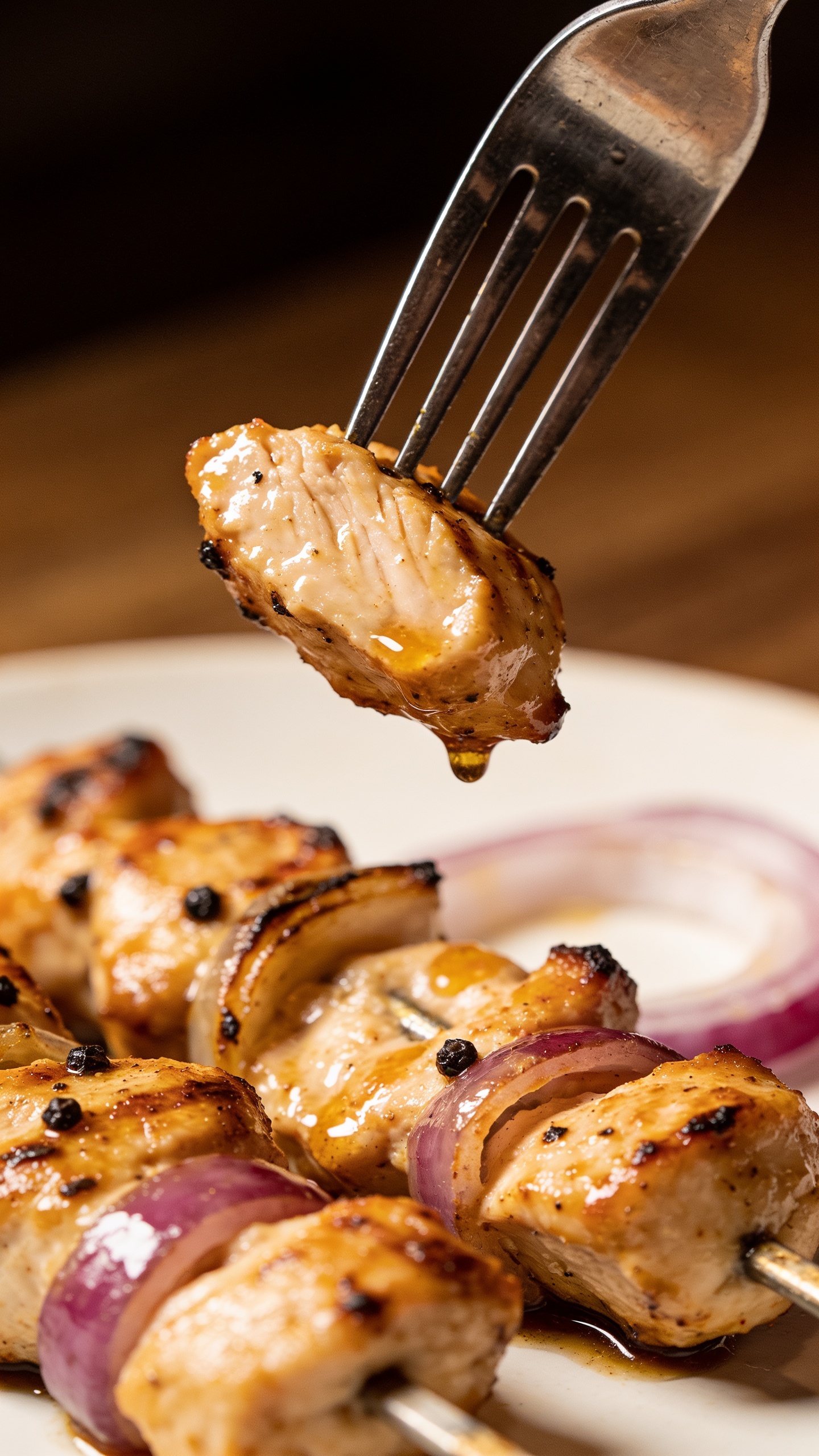 A dynamic, mouthwatering close-up action shot: a fork lifting the perfect bite of grilled chicken kabob from the skewer, with juices glistening on the chicken and a hint of pepper and onion visible; shallow depth of field, warm natural light, premium food-blog lighting; only the food and fork visible, no hands.
