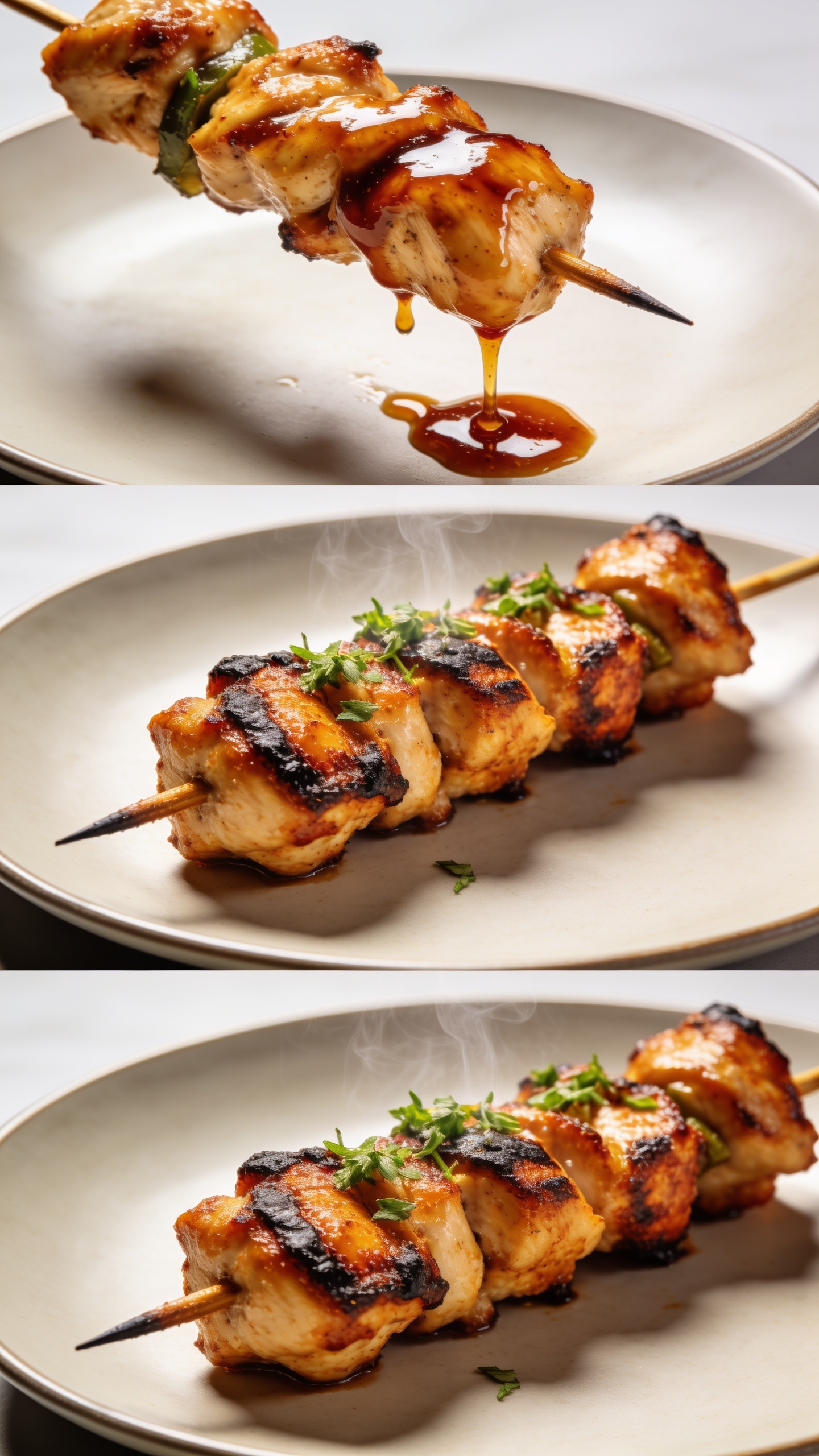 Three ultra-close, studio-quality angles of the finished kabobs on a minimalist plate: one angle focusing on glossy marinade dripping from the chicken, another showing crispy charred edges and herbs sprinkled atop, and a third with steam rising, all 90–95% food-filled, bright natural lighting, rich textures, macro-level detail.