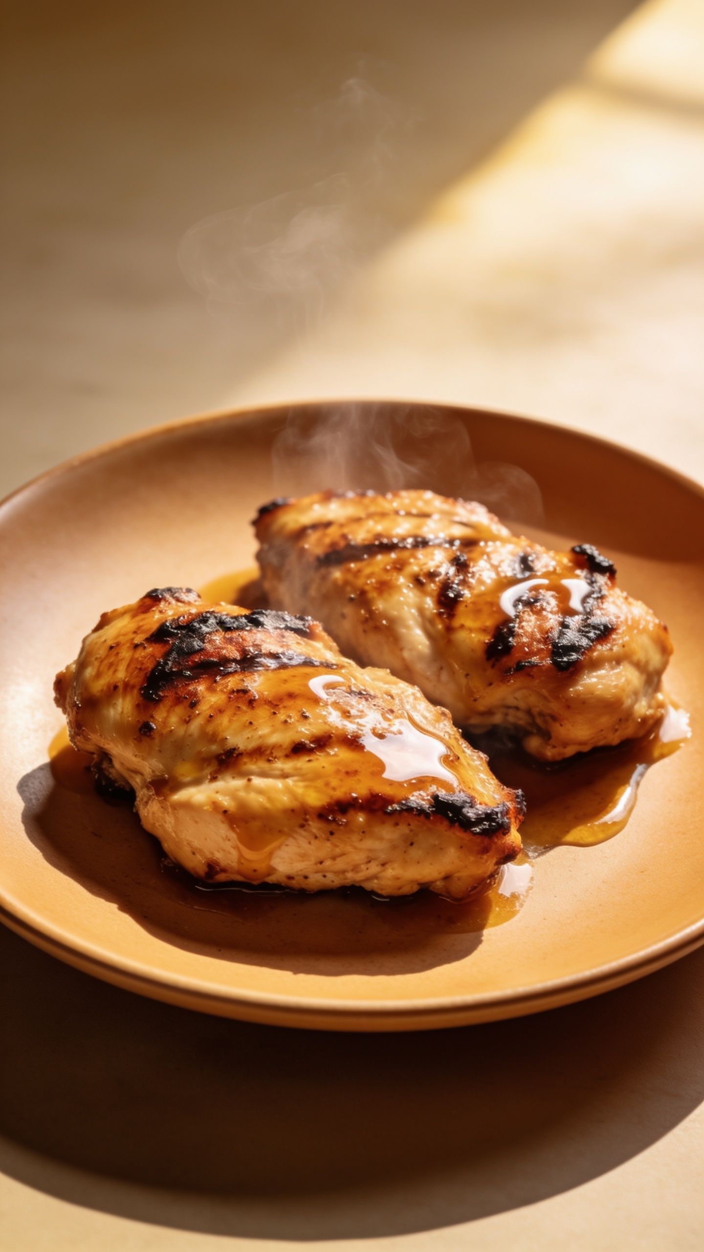 A series of two ultra-close, high-detail shots of the finished chicken thighs from slightly different angles to emphasize texture: one focusing on a glossy glaze coating and sesame seeds or herbs falling onto the surface; the other capturing the juicy interior where the knife-light reveals tender white meat just beneath the crust; bright natural lighting, rich textures, 90–95% food fill, no people or utensils other than the implied cutting edge.