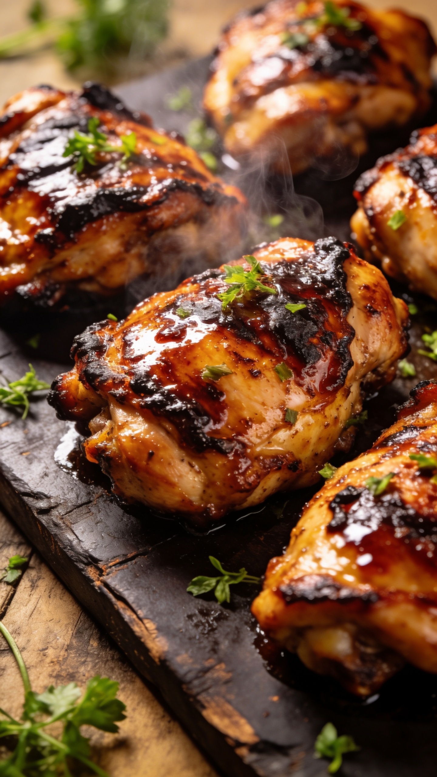 A stunning hero close-up of finished high-protein BBQ grilled chicken thighs plated on a dark rustic board, the glossy smoky glaze shimmering, charred edges crisp, steam faintly rising, vibrant herbs sprinkled to highlight color, no hands or people, bright natural light, ultra shallow depth of field, food filling 90-95% of frame.