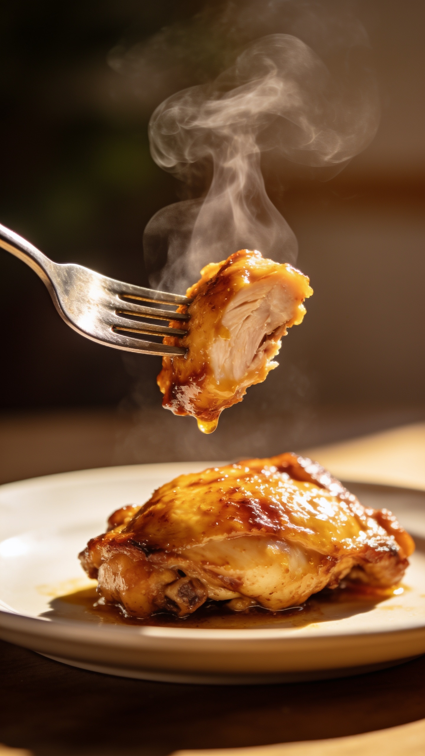 Dynamic close-up action shot capturing the moment a fork lifts a perfectly juicy bite of the finished chicken thigh, glaze clinging, steam curling, plate in crisp focus behind, minimal background, single bite in mid-air, utensil visible, natural sunlight, shallow depth of field, premium food-blog styling, food dominating frame.