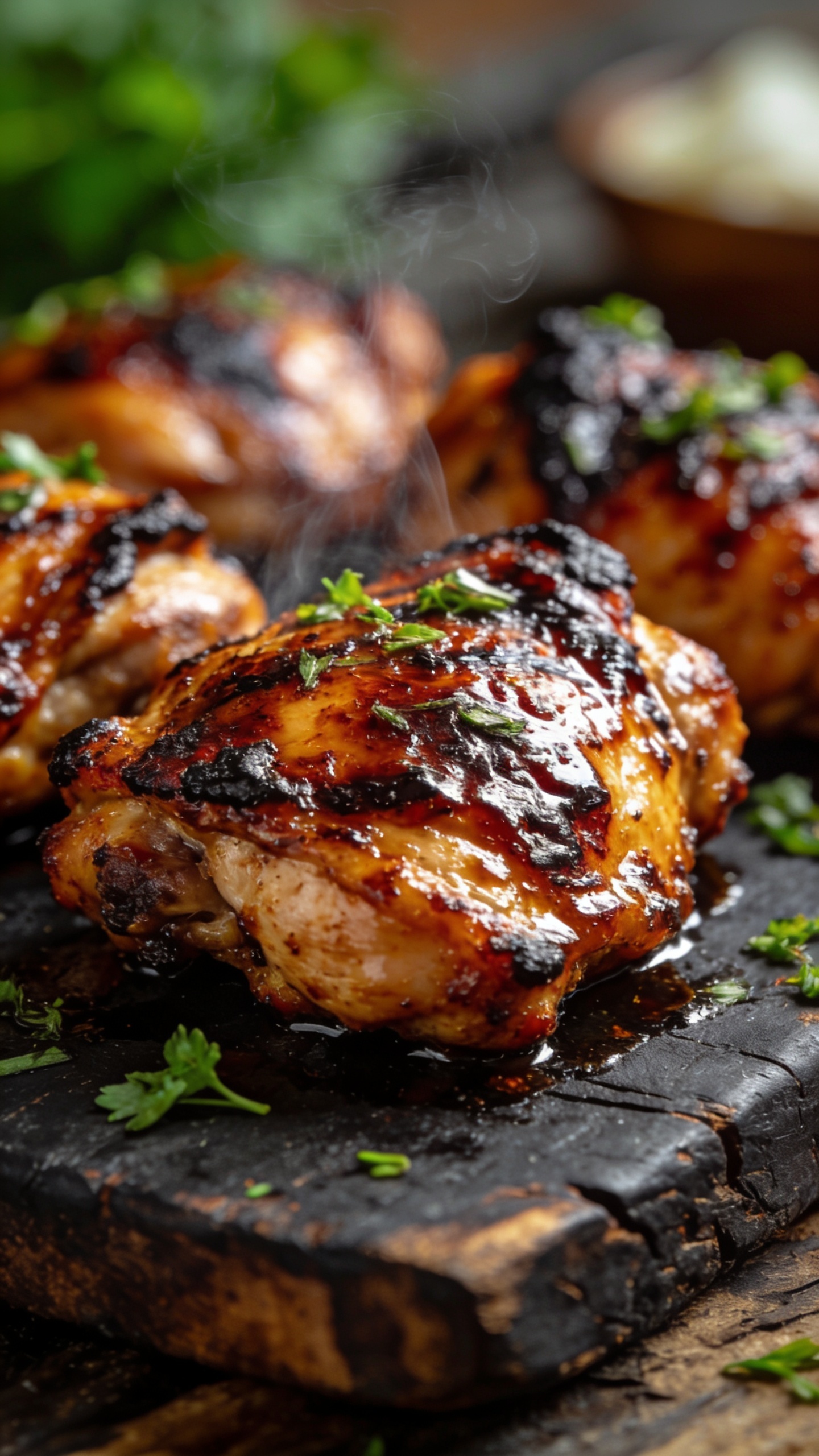 Ultra-close, two-tier perspective of the finished thighs from a slightly angled top-down view, glaze pooling and cascading over crispy edges, melted surface texture, fresh herbs or sesame seeds dotting the surface, vivid color balance, bright natural light, shallow depth of field, food filling 90-95% of frame, no hands, Hands-free.
