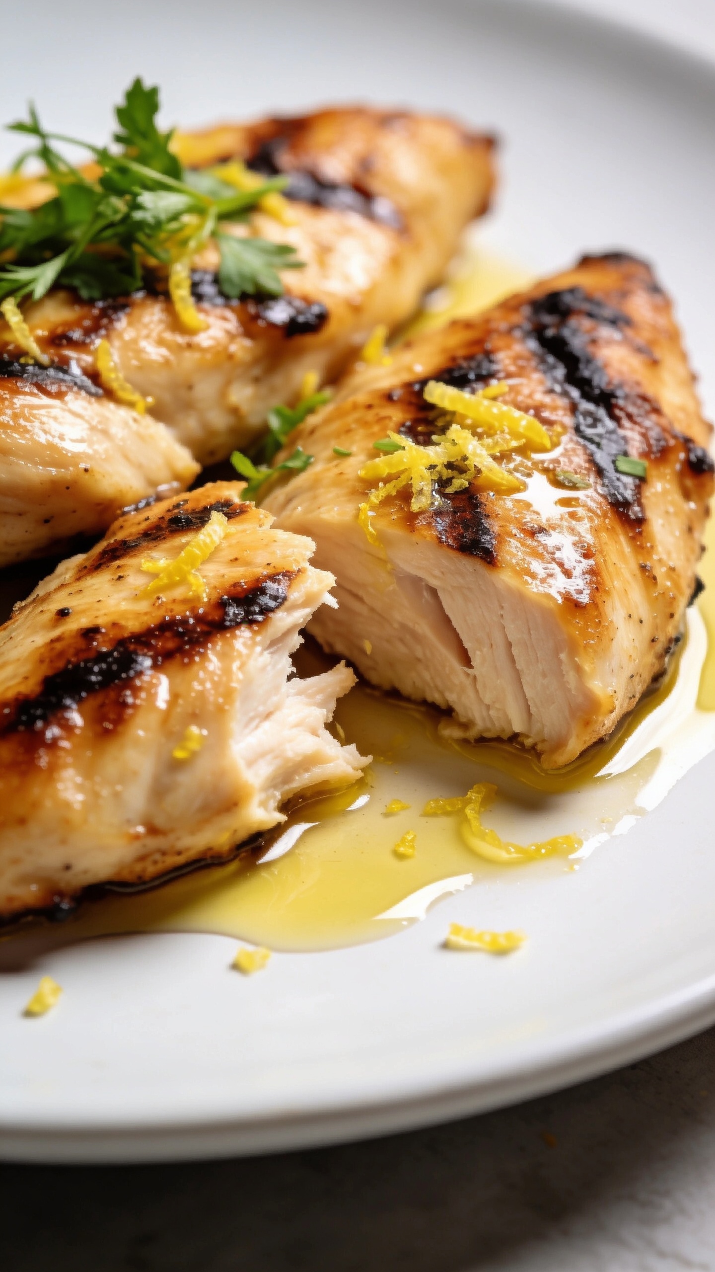 A stunning hero shot of the finished high-protein grilled chicken tenders plated elegantly on a minimal white plate, glossy smoky crust visible, tender juicy interior hinted through slight bite marks, olive oil gleaming, lemon zest micro-sprinkles and fresh herbs on top, bright natural light, shallow depth of field, no text, food fills 90–95% of the frame.