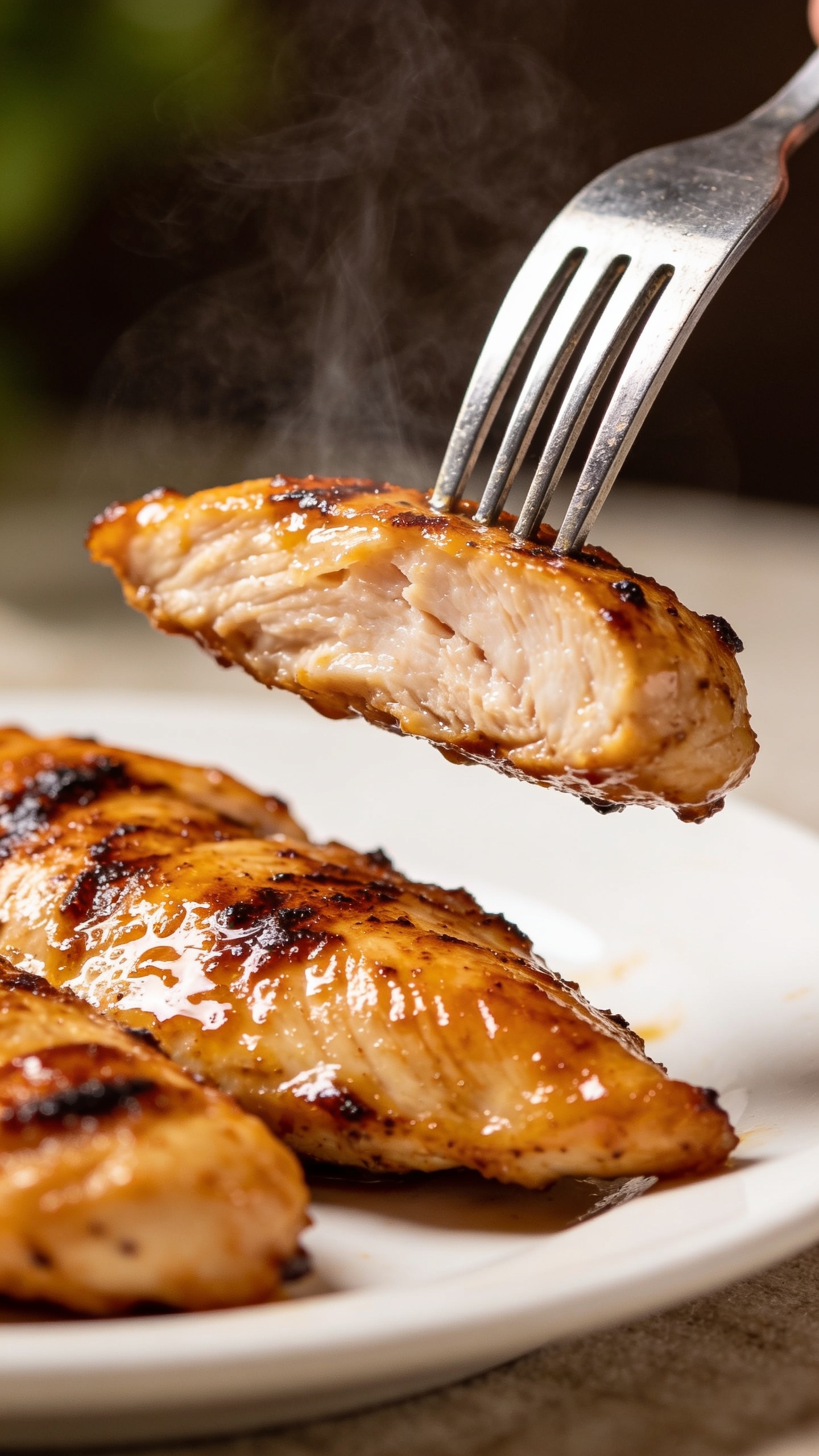 A close-up action shot of a single perfect bite being lifted by a fork from the plate, the fork gliding under a grilled chicken tender with a shimmering glaze, steam just barely rising, rich textures of char and glossy coating visible, macro focus on the juicy inside, background softly blurred, no hands or people, natural daylight.