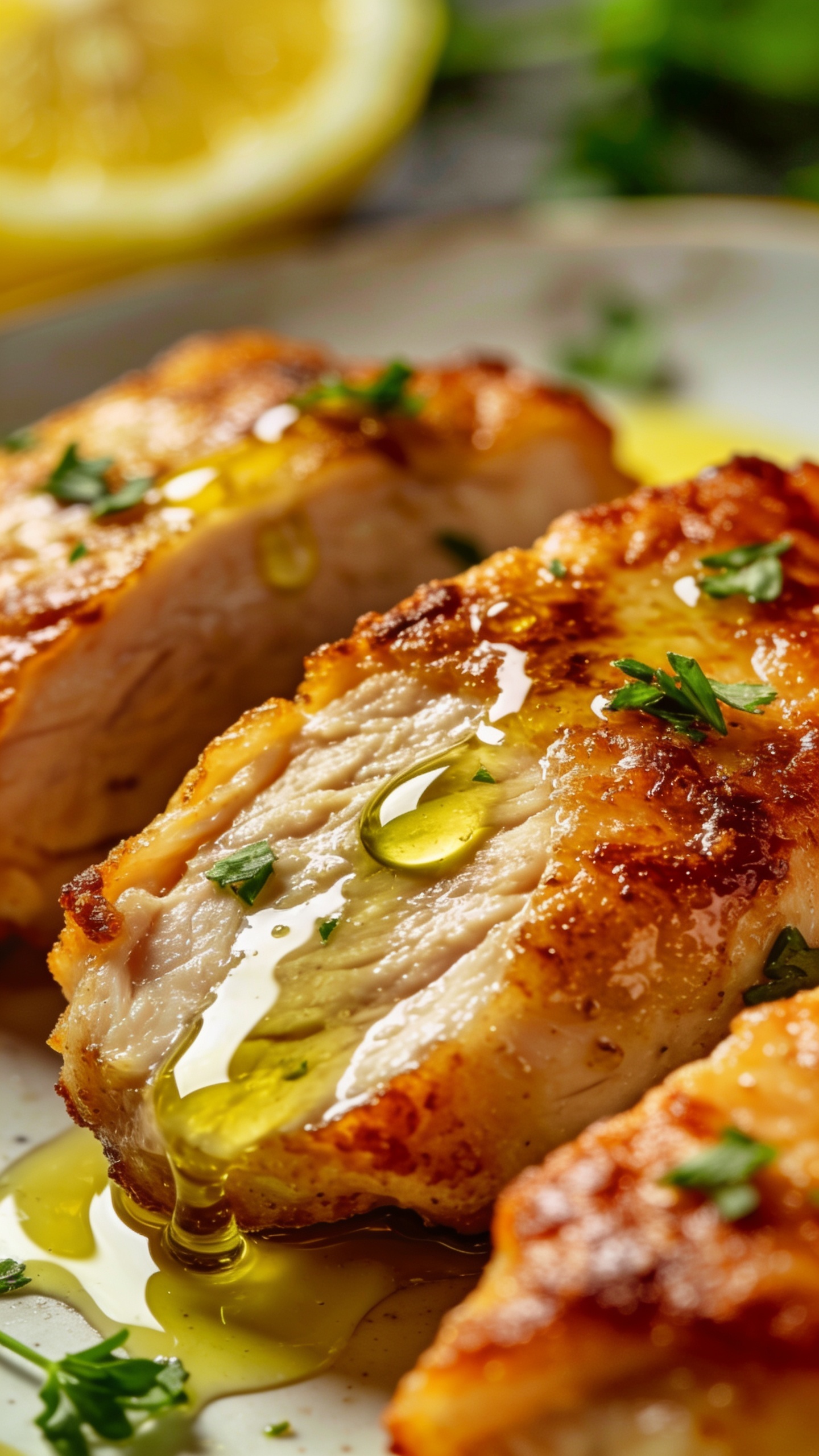 A ultra-close, premium food-blog close-up of the finished recipe from a slightly angled top-down view, highlighting the crispy crust and juicy interior, droplets of olive oil and a hint of lemon juice glaze catching the light, fresh herbs lightly scattered, vibrant colors, shallow depth of field, the food dominating the frame.