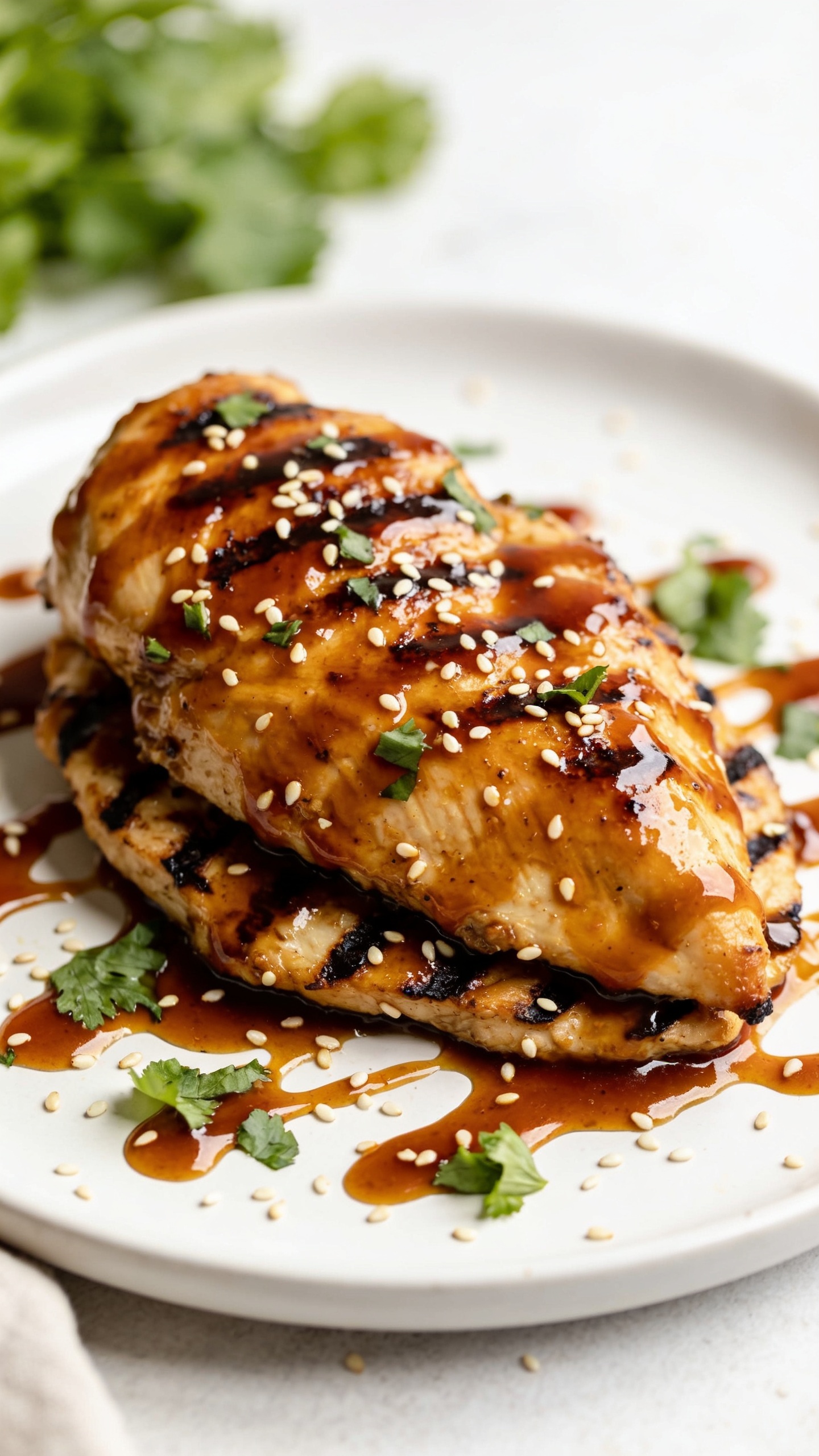A stunning hero image of the finished High Protein Honey Garlic Grilled Chicken plated on a clean, white plate with a glossy honey-garlic glaze. The chicken sits atop a bed of lightly charred grill marks, surrounded by a drizzle of sauce, fresh parsley and sesame seeds, under bright natural light with rich textures and vibrant colors, no text, 90-95% foreground filled, shallow depth of field.
