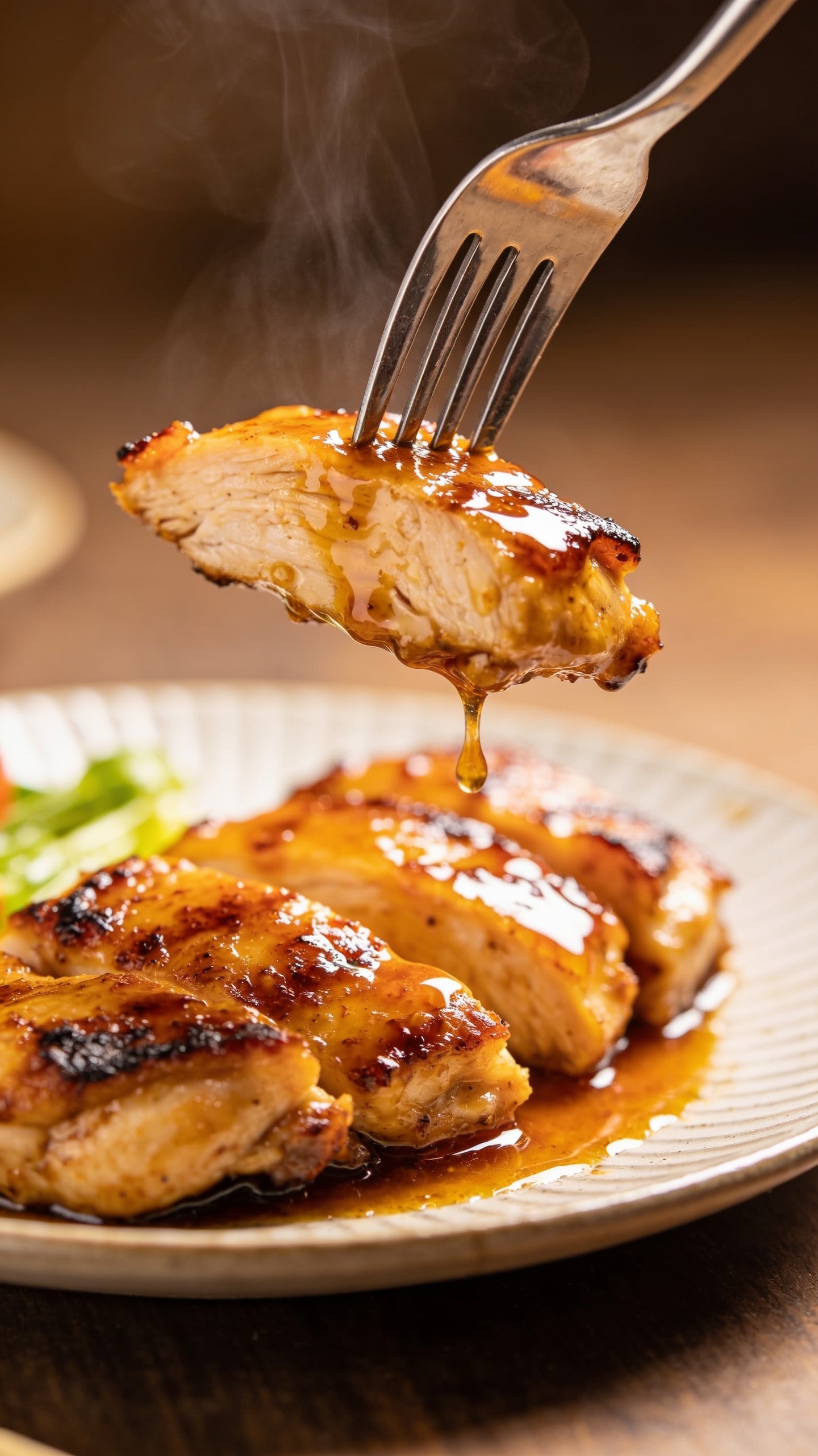 Close-up action shot capturing the most irresistible moment: a fork lifting the perfect bite of honey-garlic grilled chicken, sauce glistening and dripping from the edge, steam just rising, glossy glaze catching the light, crisp edges visible, vibrant plate styling, no hands or people, 90-95% food in frame, shallow depth of field, premium food-blog feel.