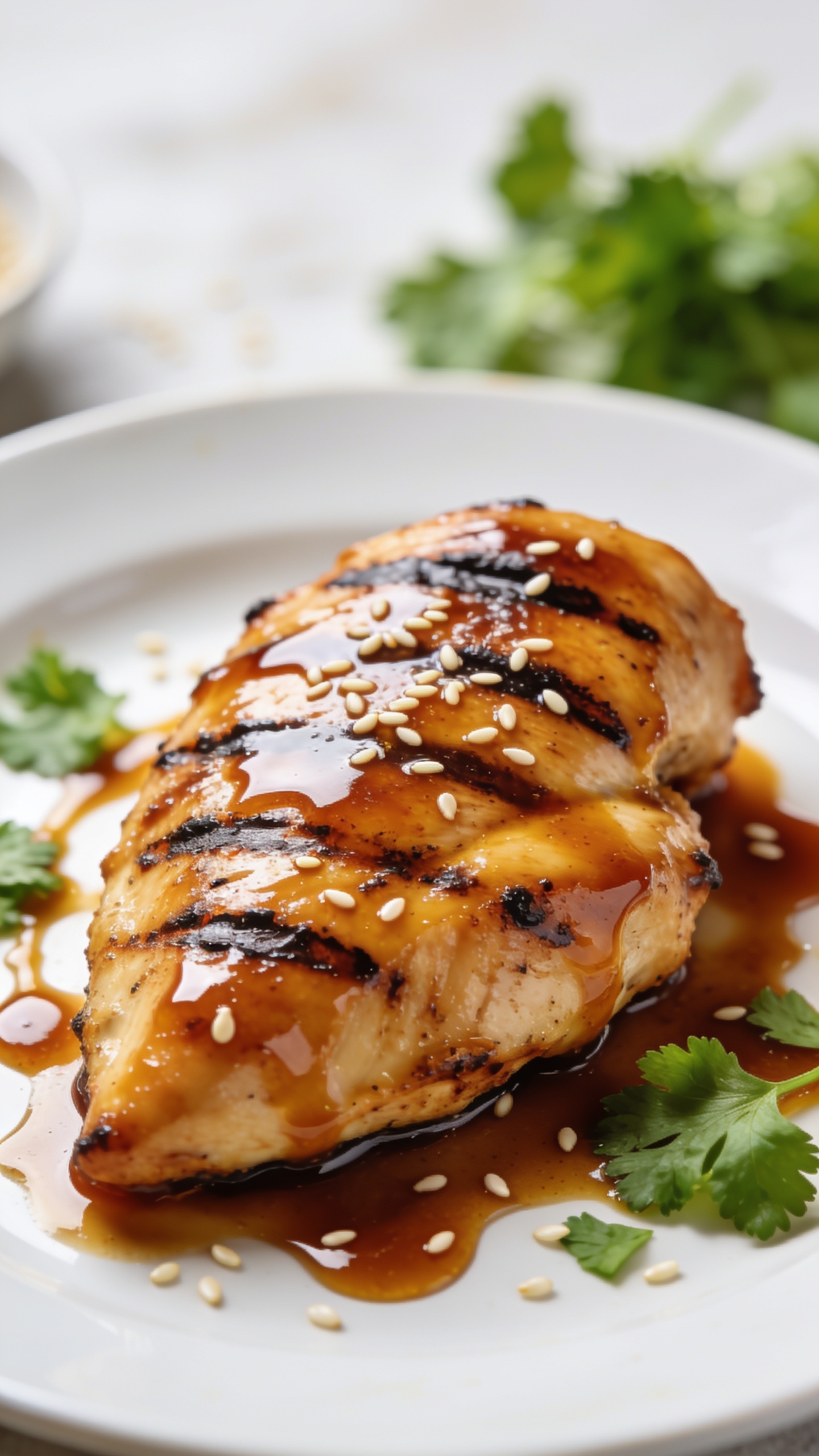 Ultra close-up, two more dynamic angles of the finished recipe from different perspectives, focusing on juicy textures and glossy glaze: a top-down view highlighting caramelized edges and sesame seeds, and a side-angle showing the chickenâs moist interior with glaze sheen, bright natural lighting, rich colors, shallow depth of field, no text, 90-95% food fill.