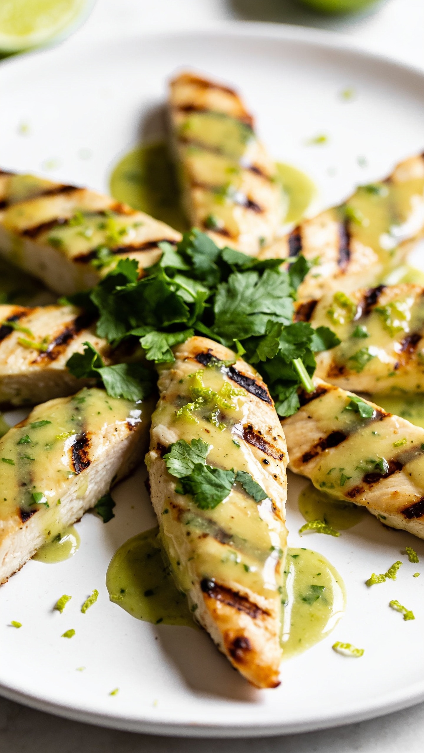 A stunning hero shot of the finished High Protein Cilantro Lime Grilled Chicken plated perfectly on a clean white plate, glistening with a light cilantro-lime glaze, vibrant green cilantro leaves sprinkled on top, lime zest specks, and a few grilled chicken slices arranged in a starburst. No people, no hands. Bright natural light, shallow depth of field, ultra-close-up, rich textures, 90-95% food filling the frame.