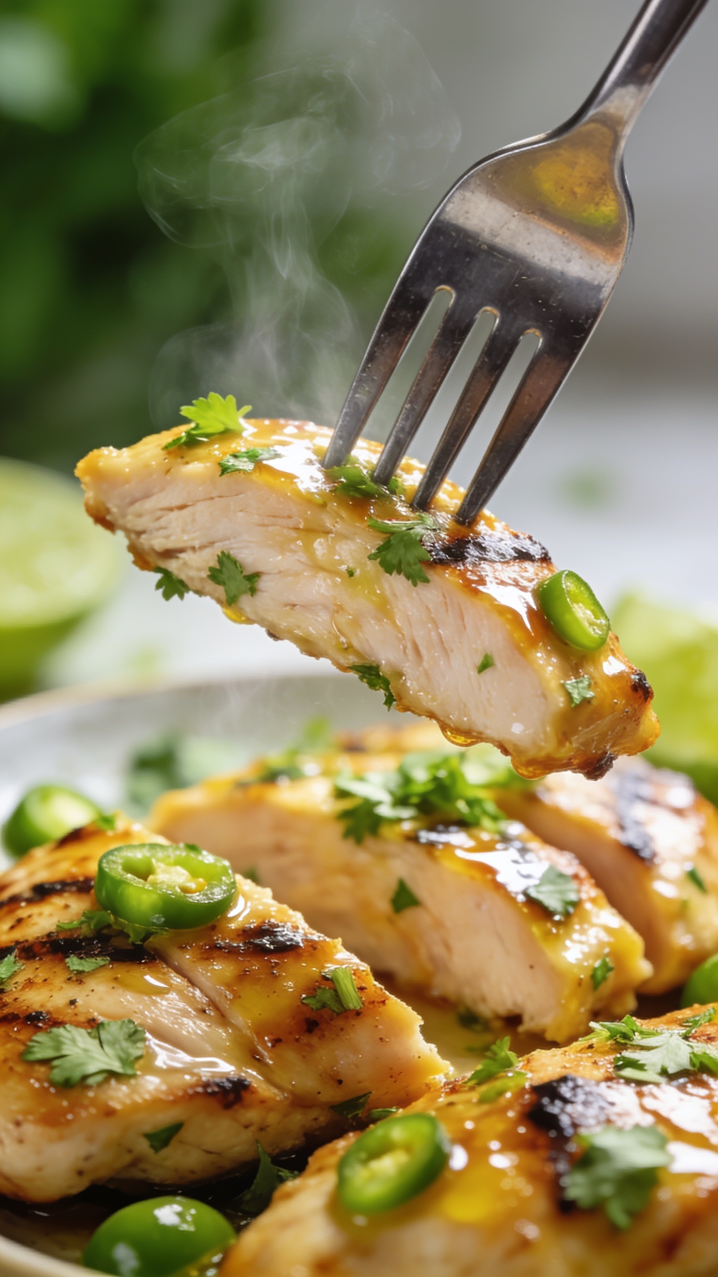A dynamic close-up action shot of a fork lifting the perfect bite: a juicy slice of cilantro-lime grilled chicken with a glossy glaze, cilantro and jalapeño flecks visible, steam just barely rising, no hands in frame, the fork blade catching the glistening surface as if about to take that first bite. 90-95% food, bright natural light, shallow depth of field.
