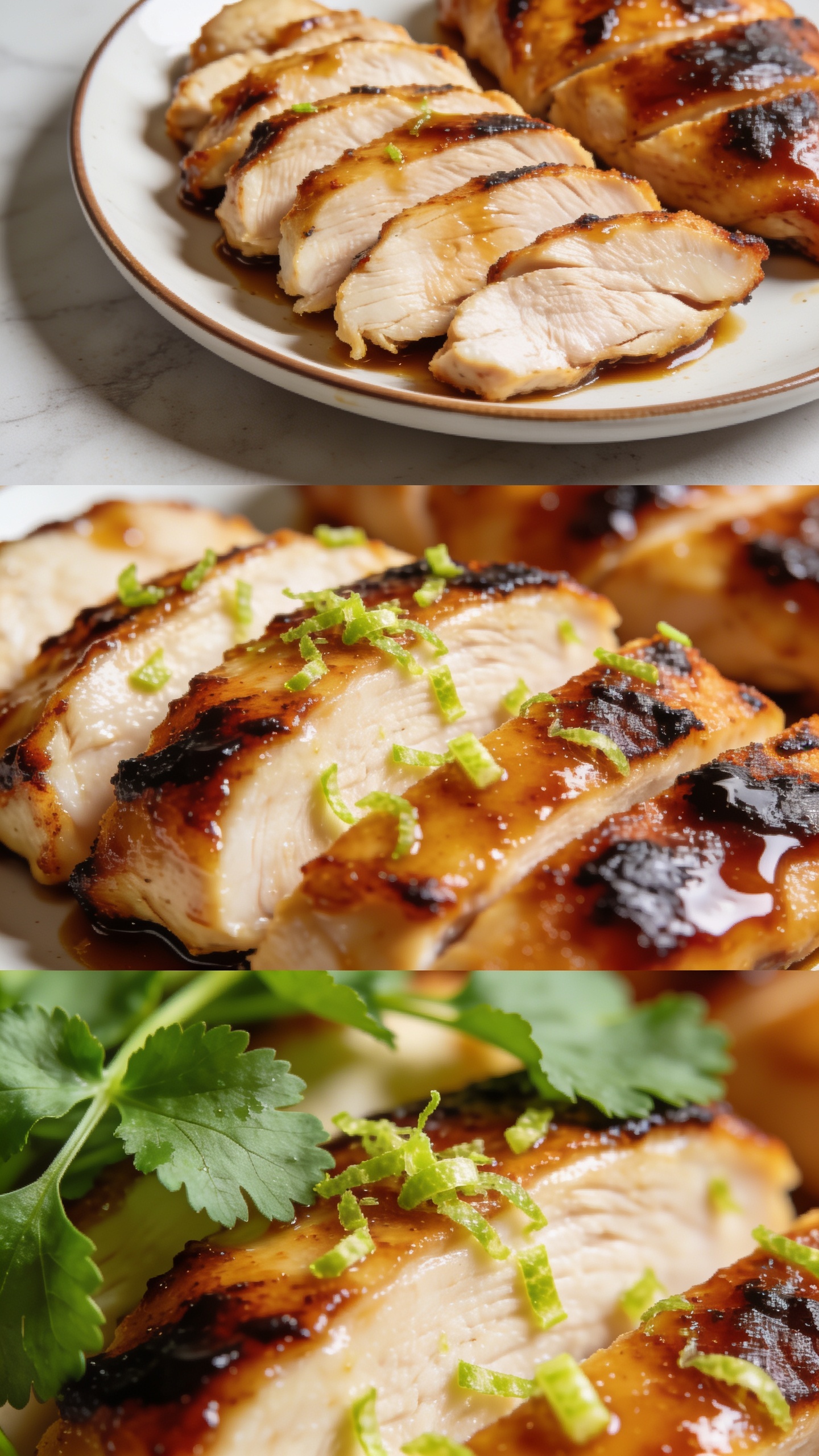 A trio-angle close-up of the finished dish emphasizing juicy textures and vibrant colors: one shot from directly above showing the plate with sliced chicken, a second shot from a low angle focusing on the crispy edges and char, and a third tight shot on fresh cilantro sprigs and lime zest scattered over the chicken, all with rich glaze, gleaming sauce, and premium food-blog styling. Bright natural light, shallow depth of field, 90-95% food.