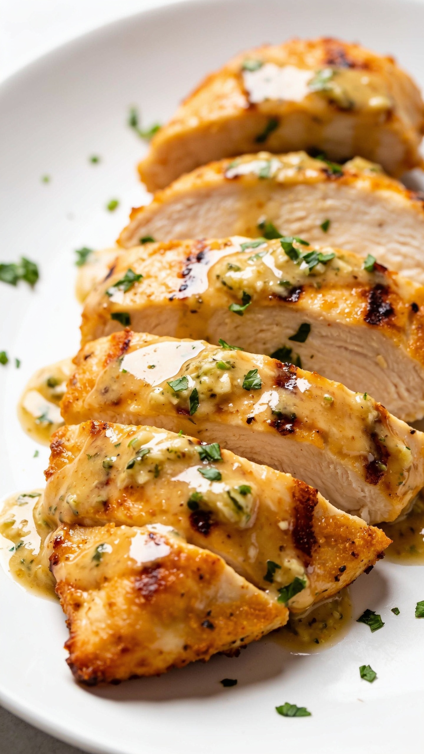 A stunning hero shot of the finished high-protein garlic parmesan grilled chicken plated on a clean white plate, slices arranged to showcase juicy interior and golden crust, glossy parmesan-garlic sauce glaze shimmering over the surface, a light sprinkle of chopped parsley, bright natural lighting, shallow depth of field, 1:1 or 4:5 aspect, no text, food fills 90–95% of frame.