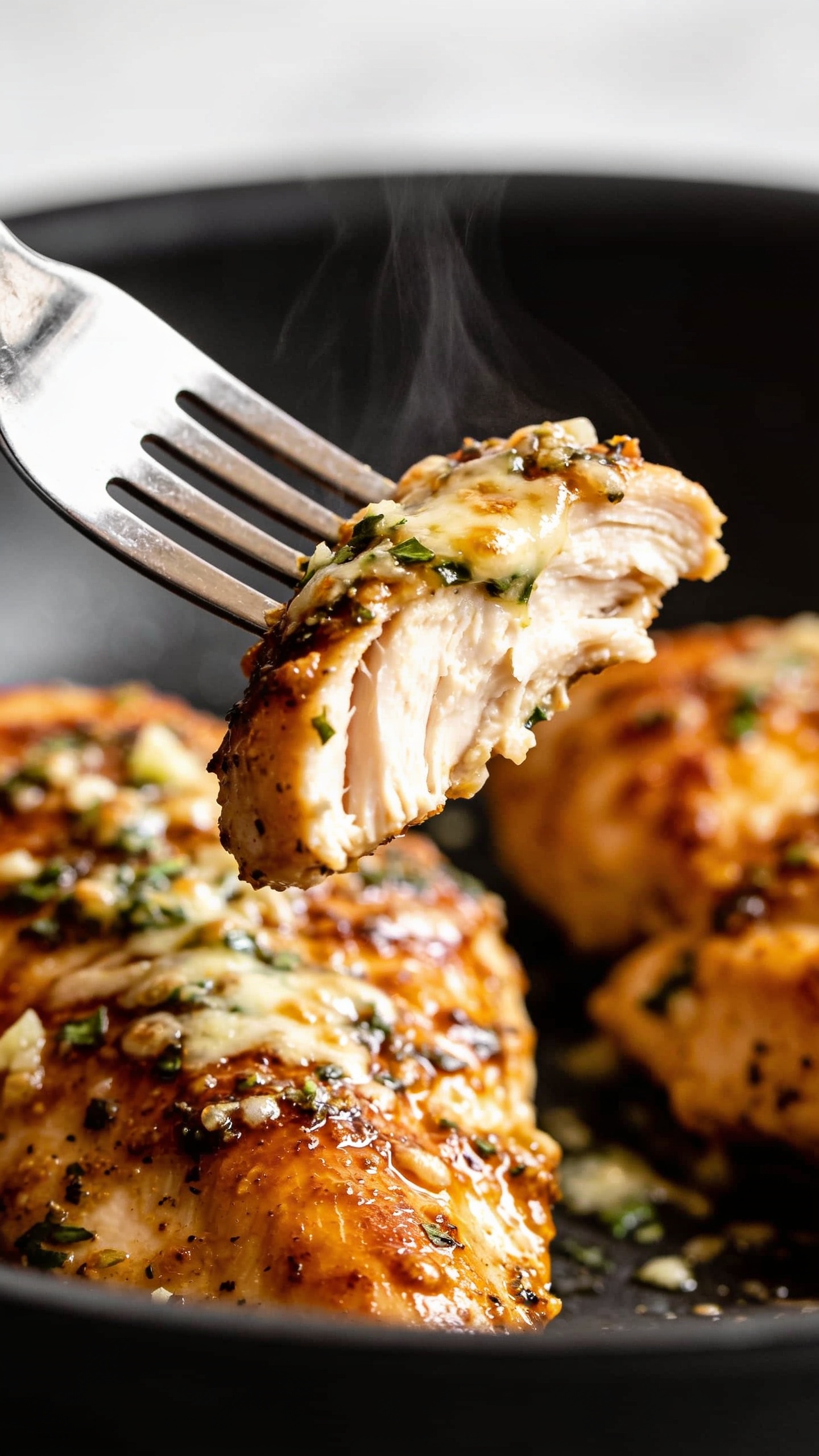 A close-up dynamic moment: a fork lifting the perfect bite of the finished chicken, glossy garlic-parmesan crust glistening, steam just starting to rise, the bite revealing juicy interior, shallow depth of field, rich textures and vibrant colors, natural light, studio-style food photography, no hands or faces visible, food dominates the frame.