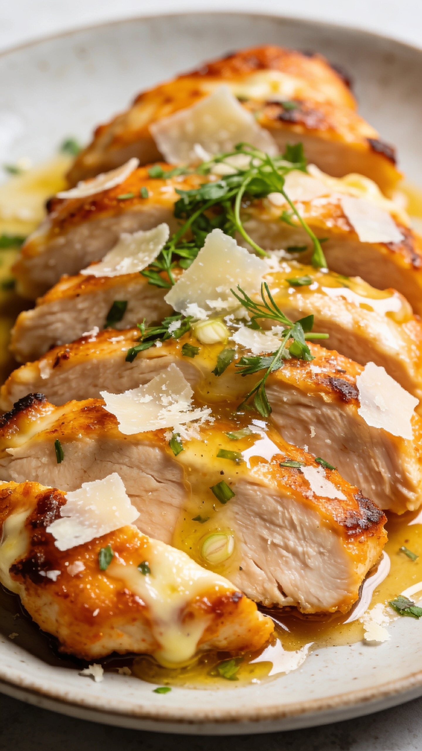 Ultra-close-up second angle: the finished chicken slices on the plate with parmesan shavings and a drizzle of garlic butter glaze, fresh herbs cascading onto the dish, crispy edges, melted cheese hints, vibrant orange-gold crust, bright natural light, shallow depth of field, the image captures glossy sauce and juicy meat in a single, mouthwatering frame, no text, food fills frame 90–95%.